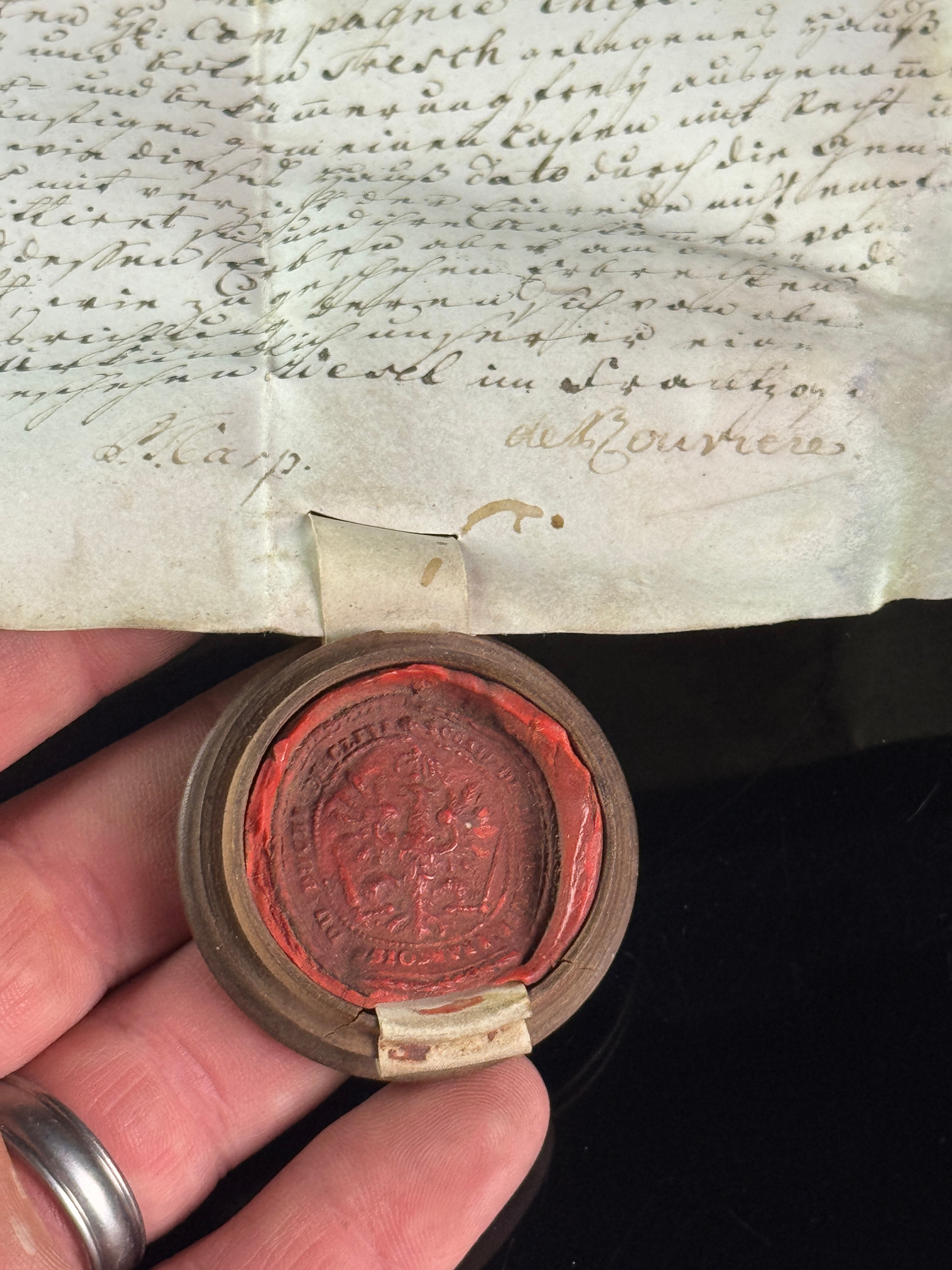 1734 Prussian Vellum Manuscript Document Mentioning Infantry Regiment No. 27 with Skippet Seal