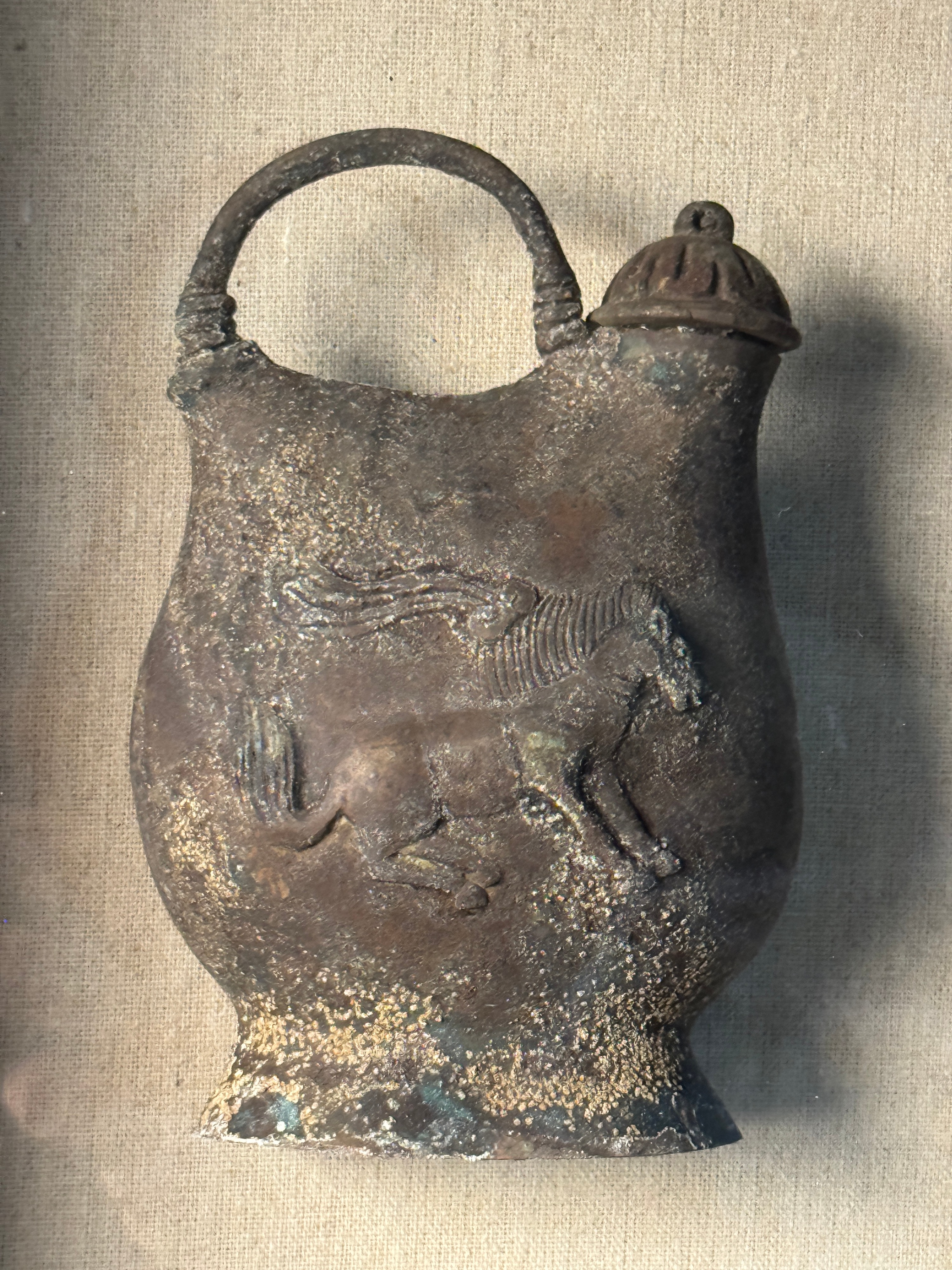 Cast Metal Oinochoe Vessel with Winged Quadruped Relief in Shadow Box Frame