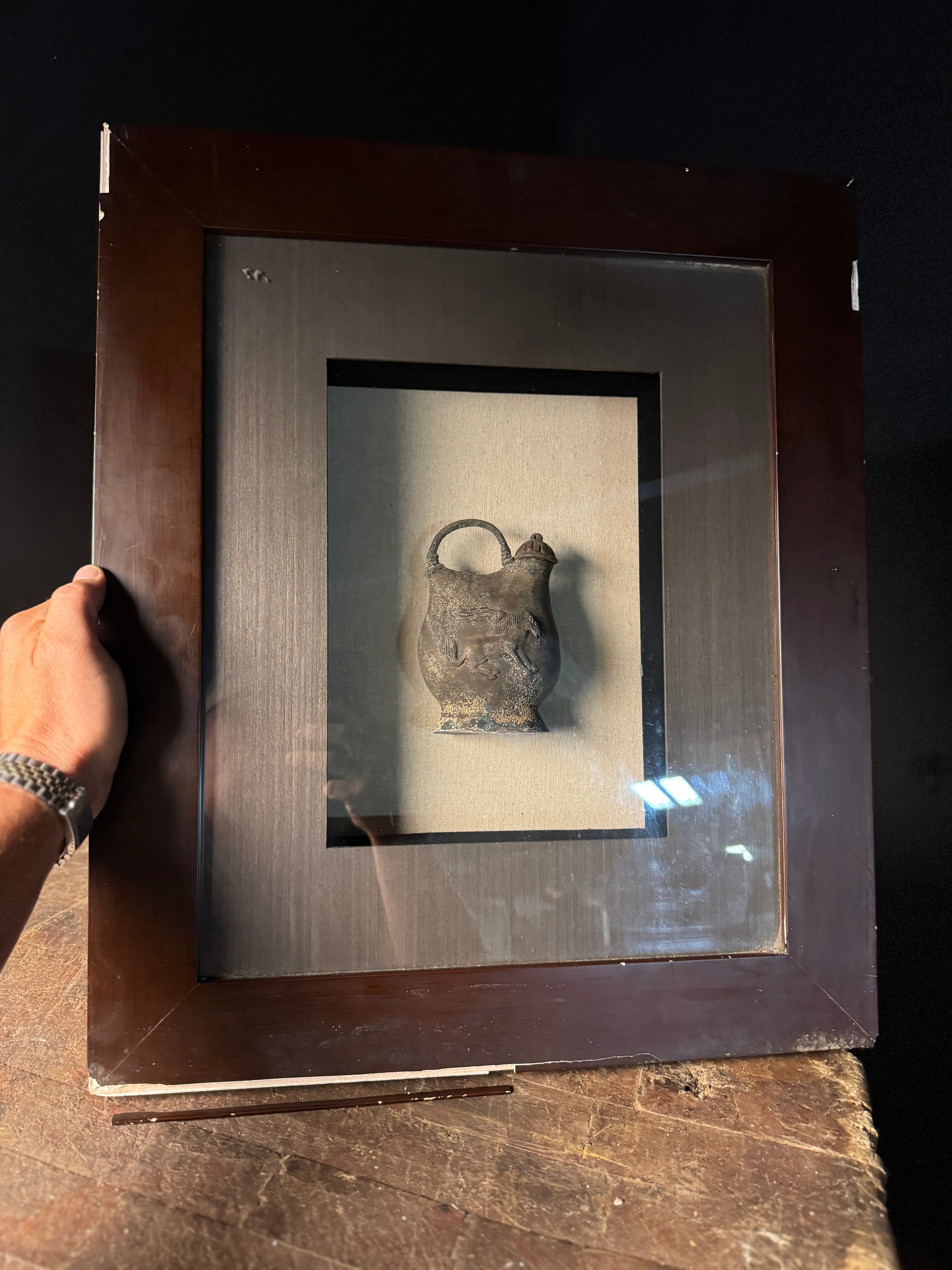 Cast Metal Oinochoe Vessel with Winged Quadruped Relief in Shadow Box Frame