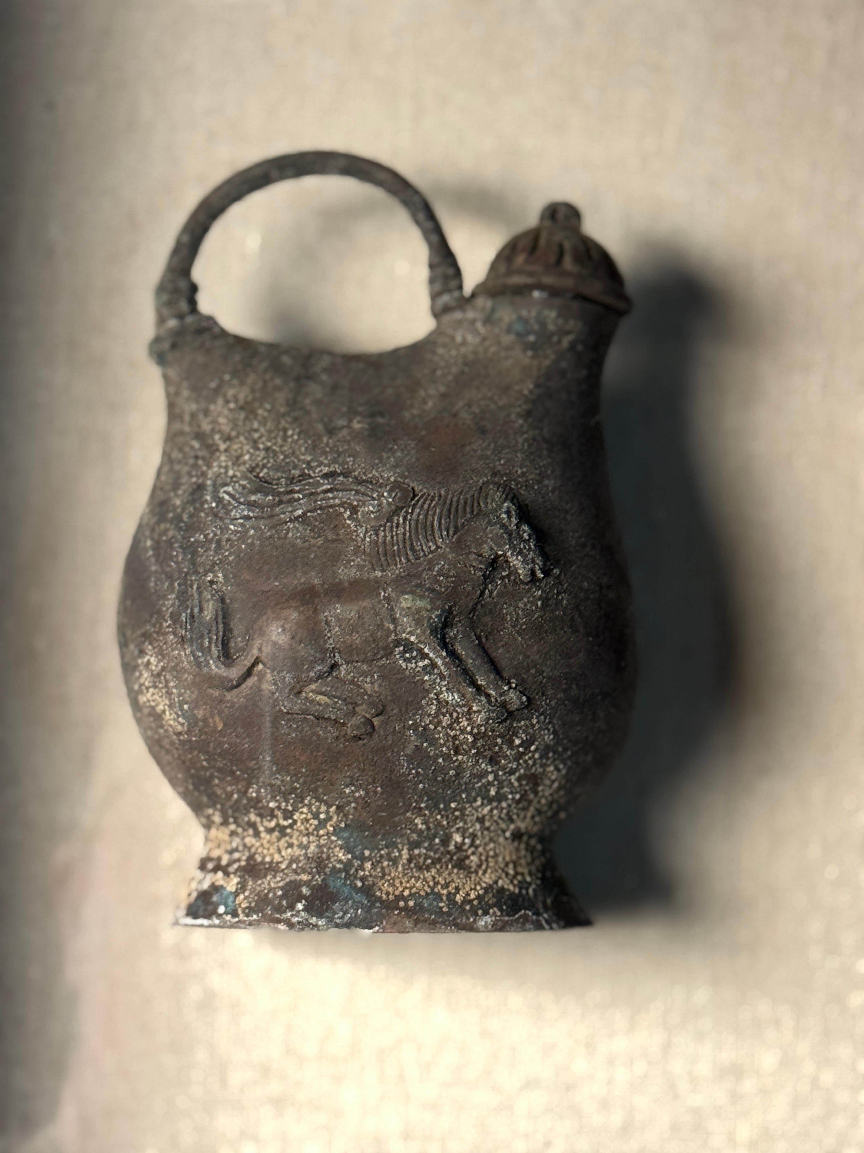 Cast Metal Oinochoe Vessel with Winged Quadruped Relief in Shadow Box Frame
