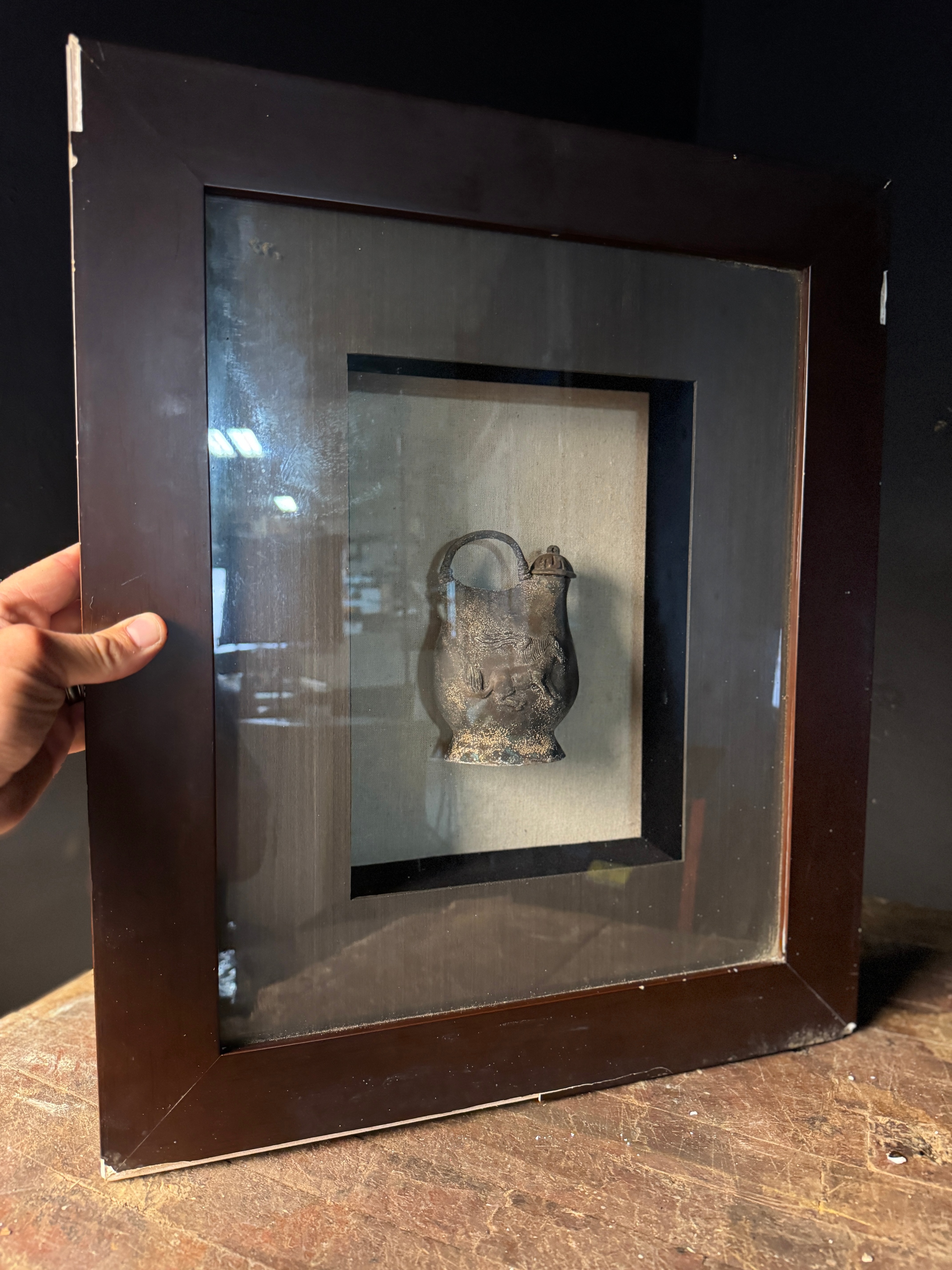 Cast Metal Oinochoe Vessel with Winged Quadruped Relief in Shadow Box Frame