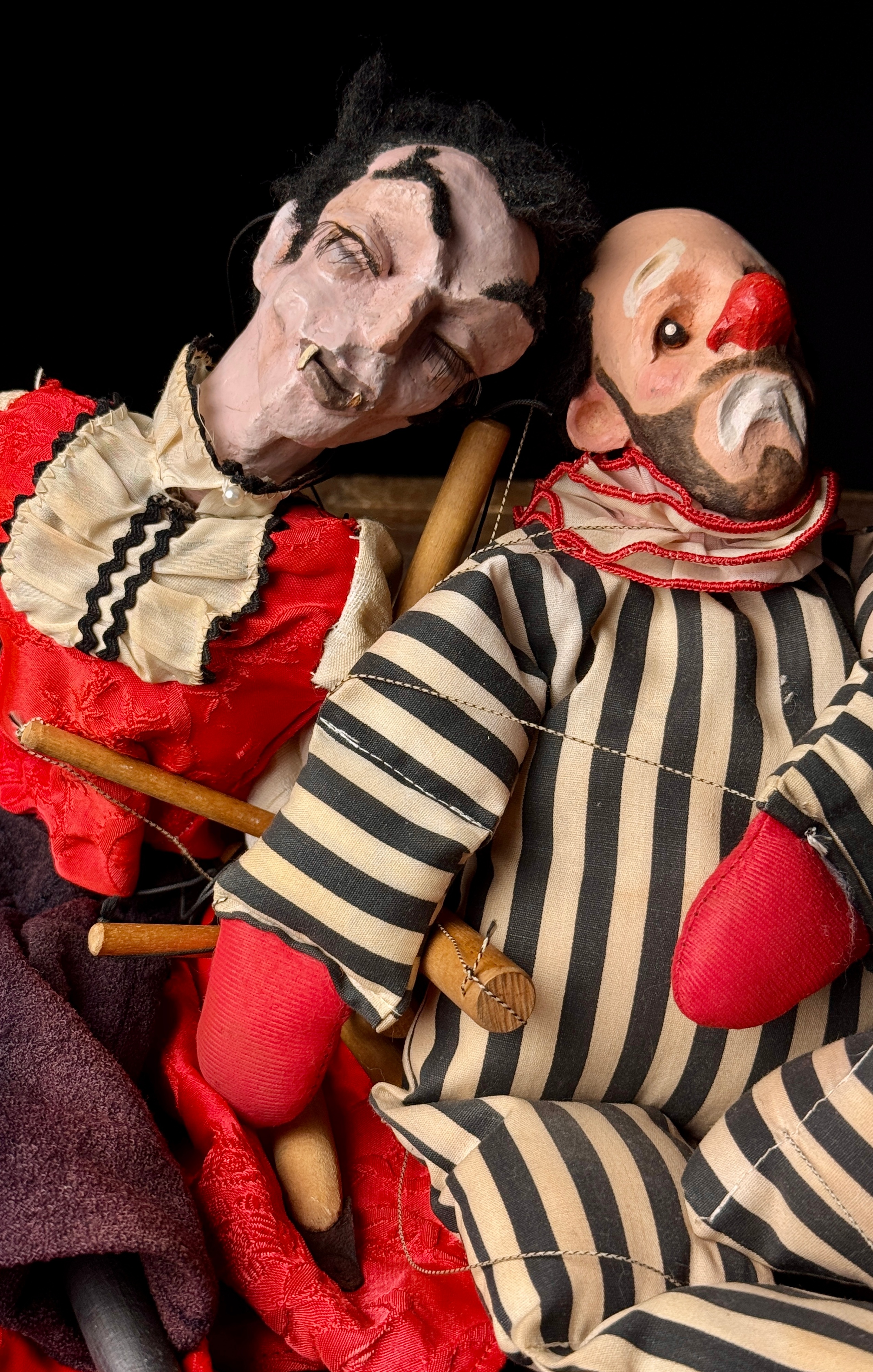 A Pair of Vintage Composition and Wood Marionettes Featuring Vampire and Sad Clown Characters