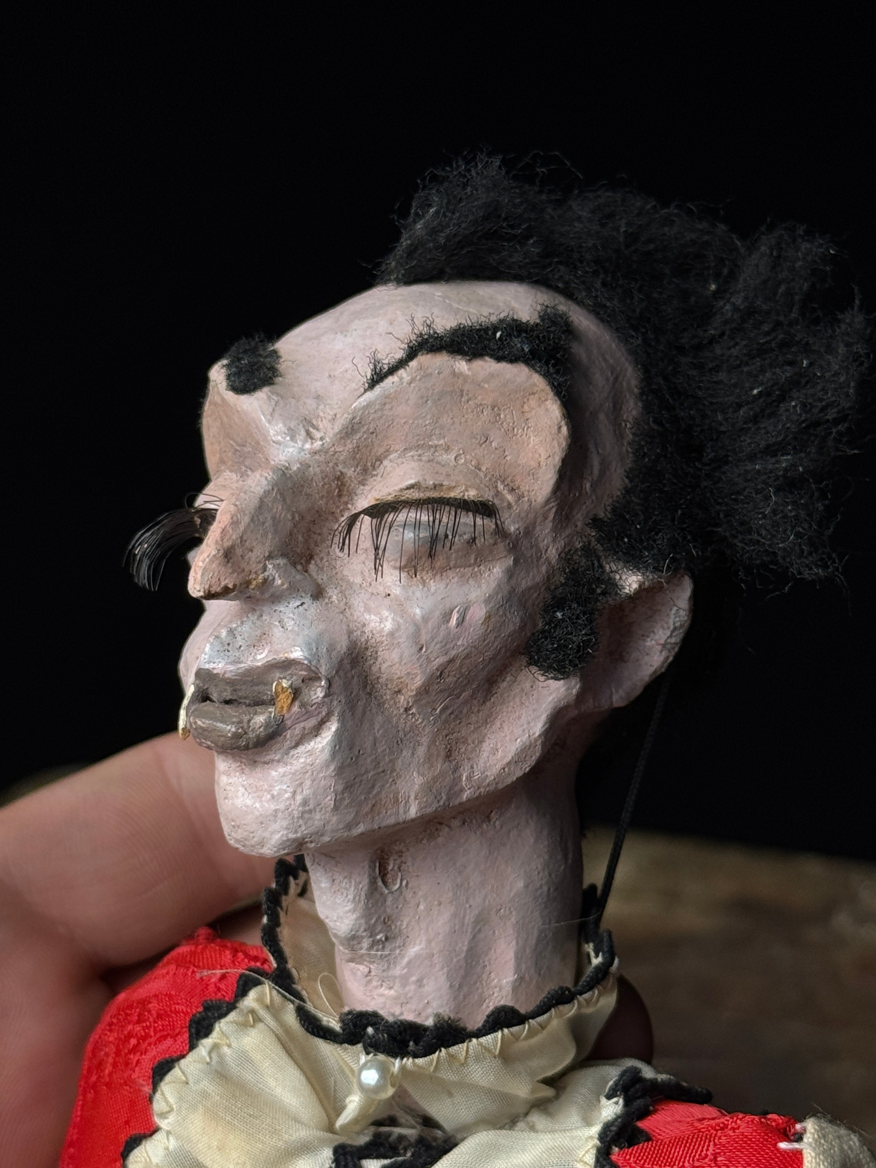 A Pair of Vintage Composition and Wood Marionettes Featuring Vampire and Sad Clown Characters