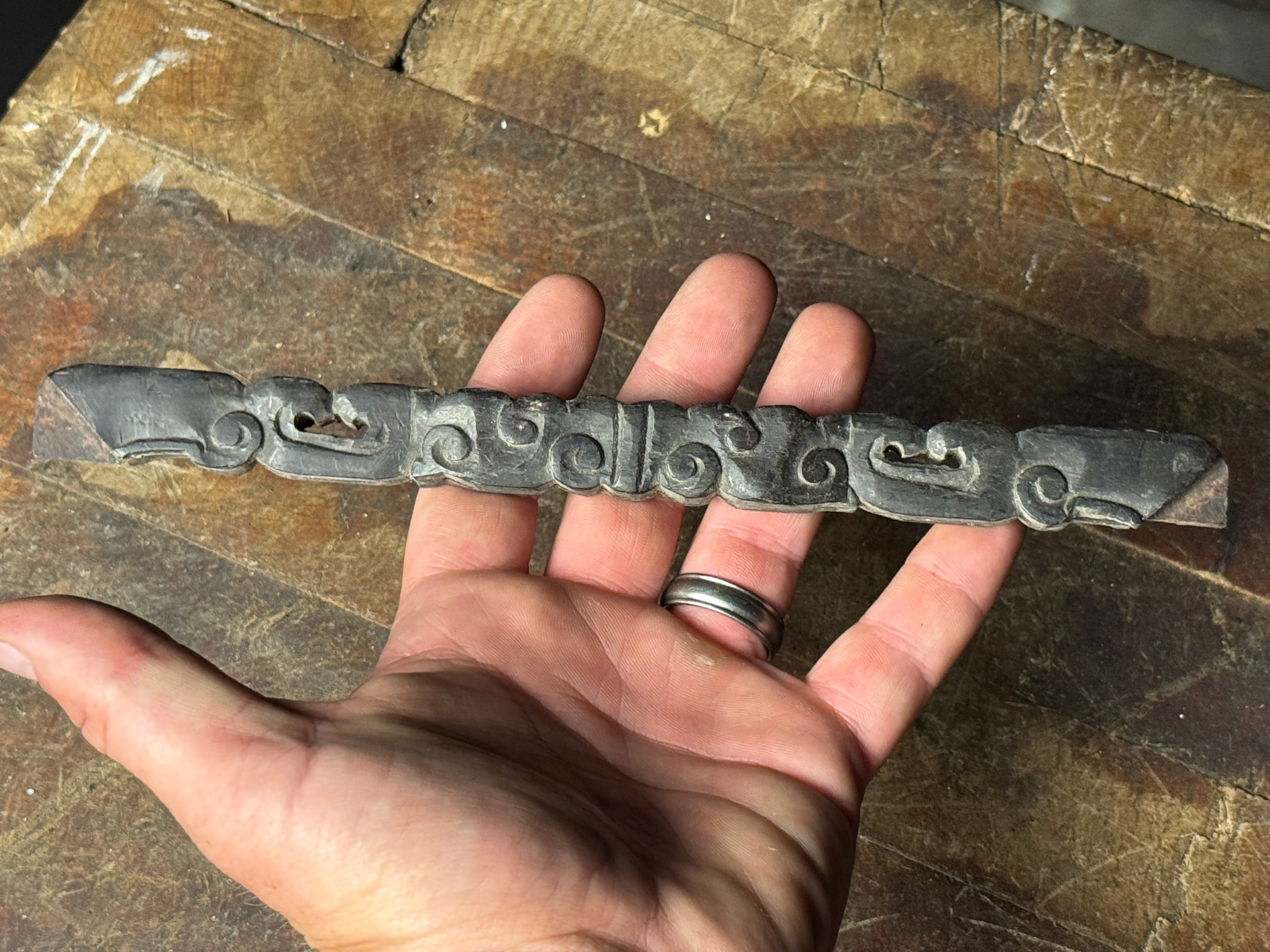 Carved Hardwood Decorative Border Element with Archaic Scroll Motifs