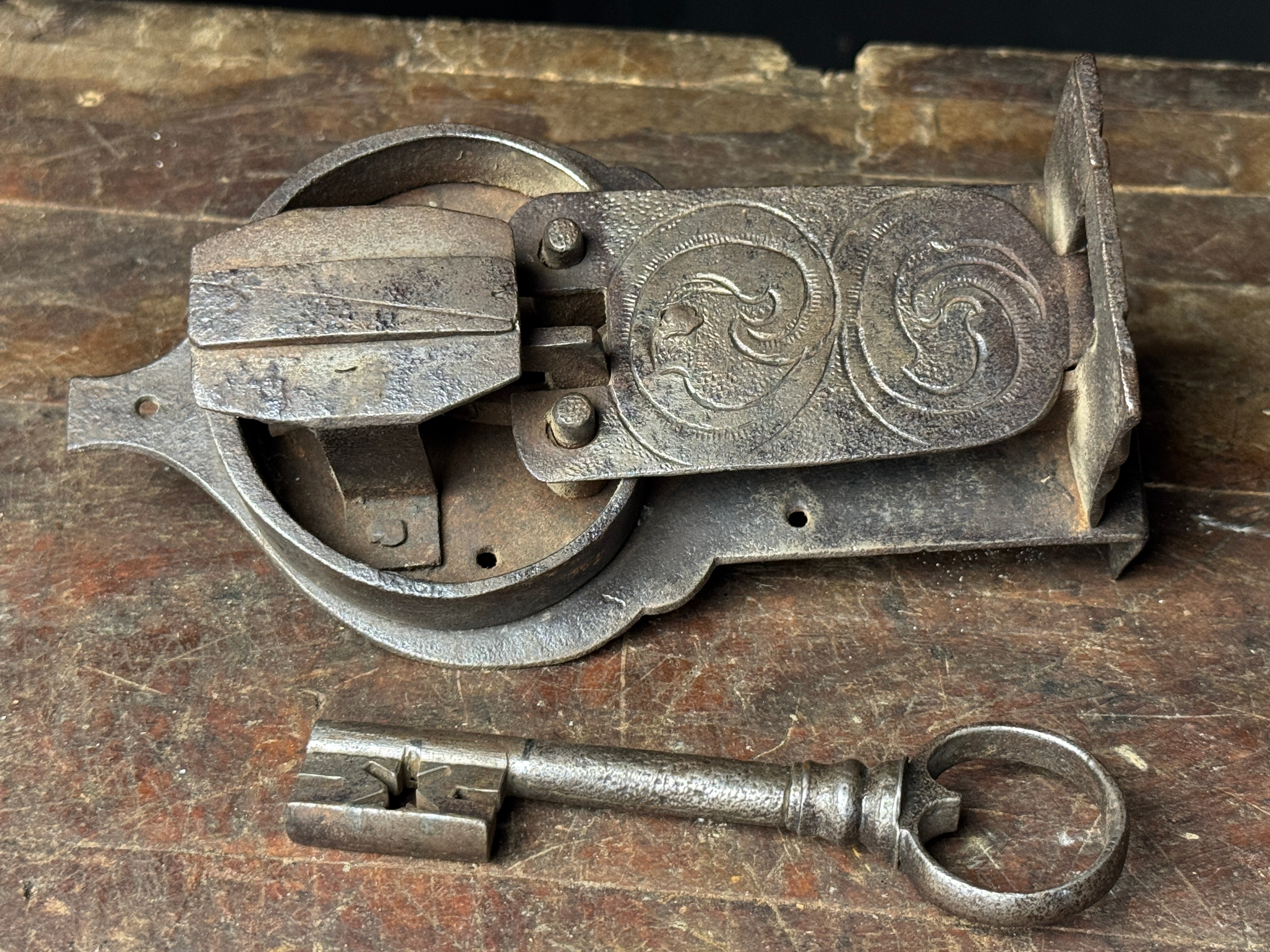 Large Decorative Hand-Forged Wrought Iron Chest Lock with Pierced Star Key