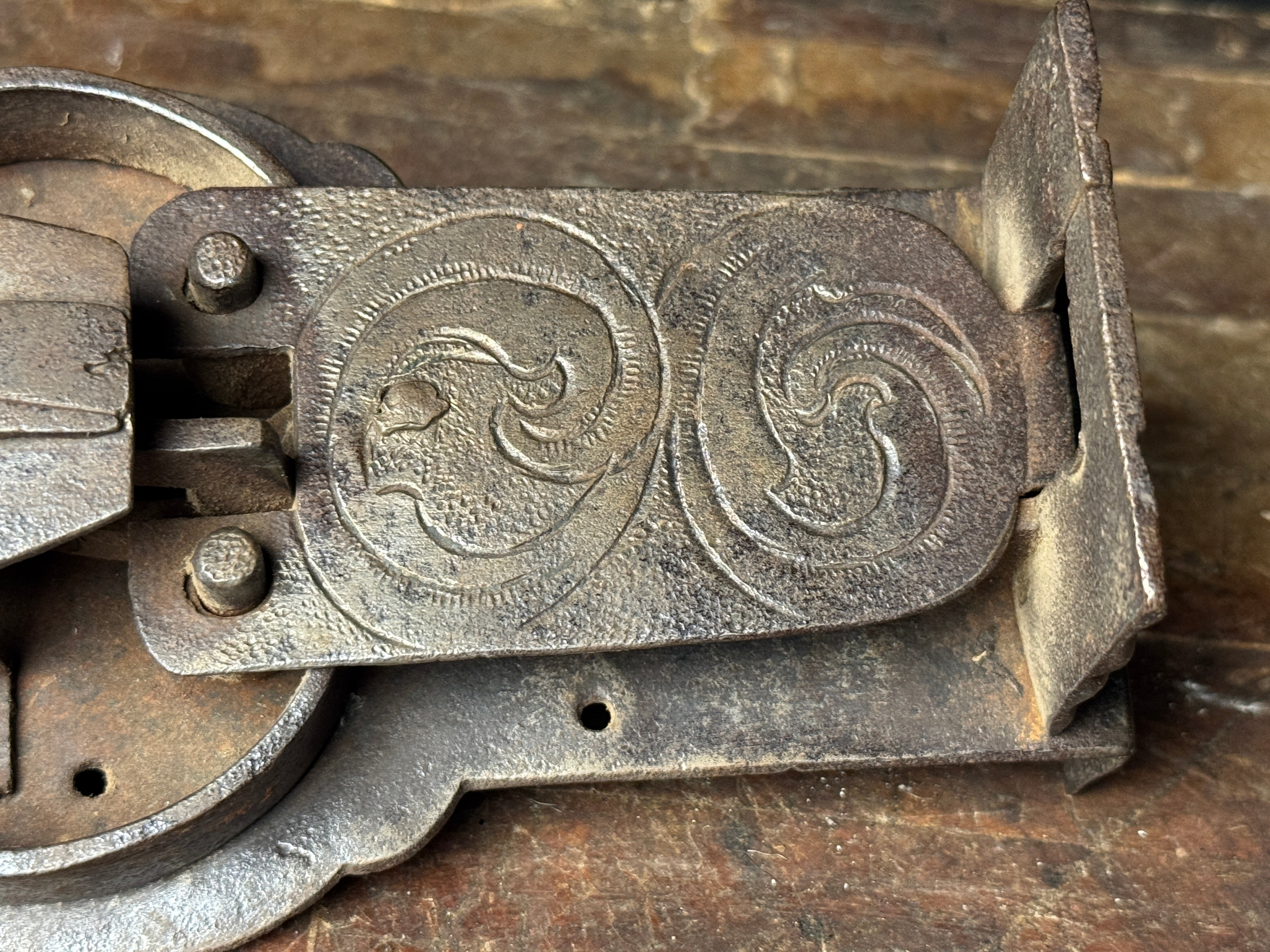 Large Decorative Hand-Forged Wrought Iron Chest Lock with Pierced Star Key