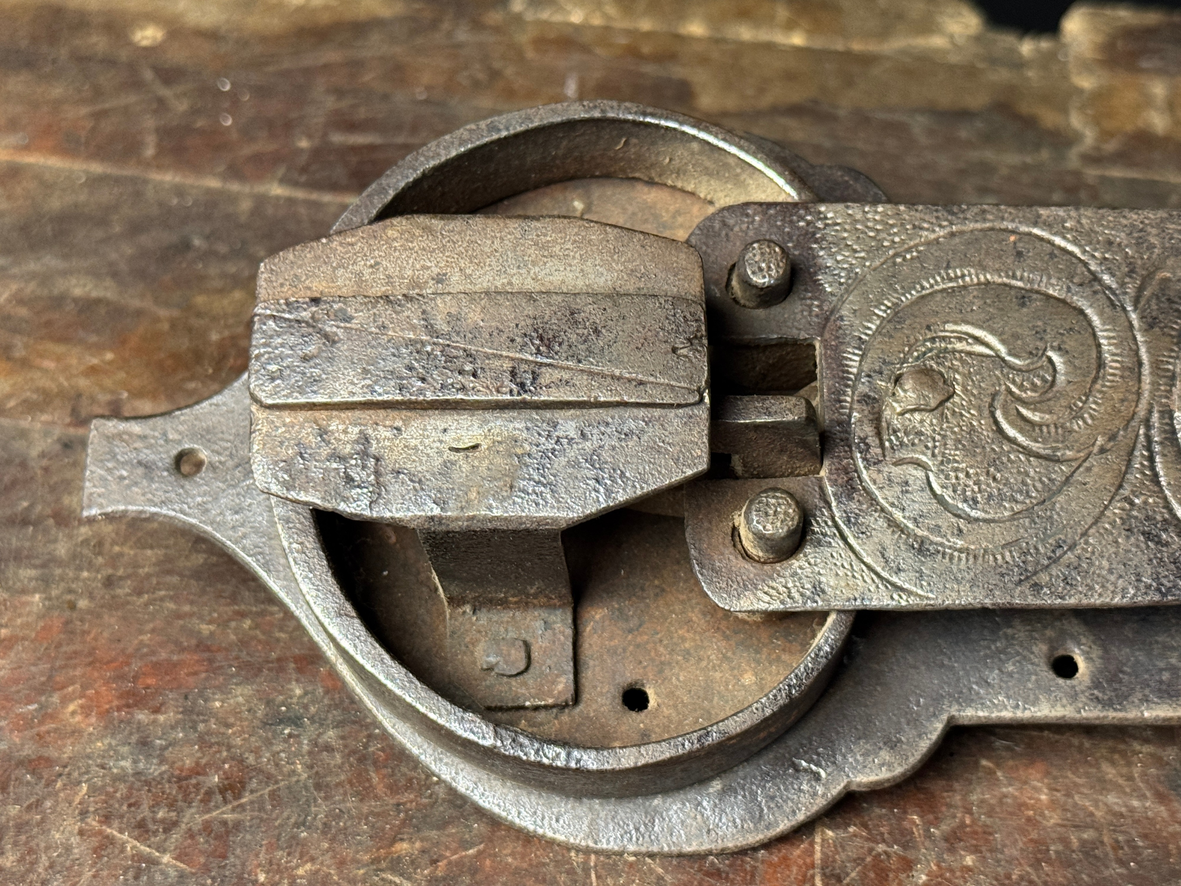 Large Decorative Hand-Forged Wrought Iron Chest Lock with Pierced Star Key