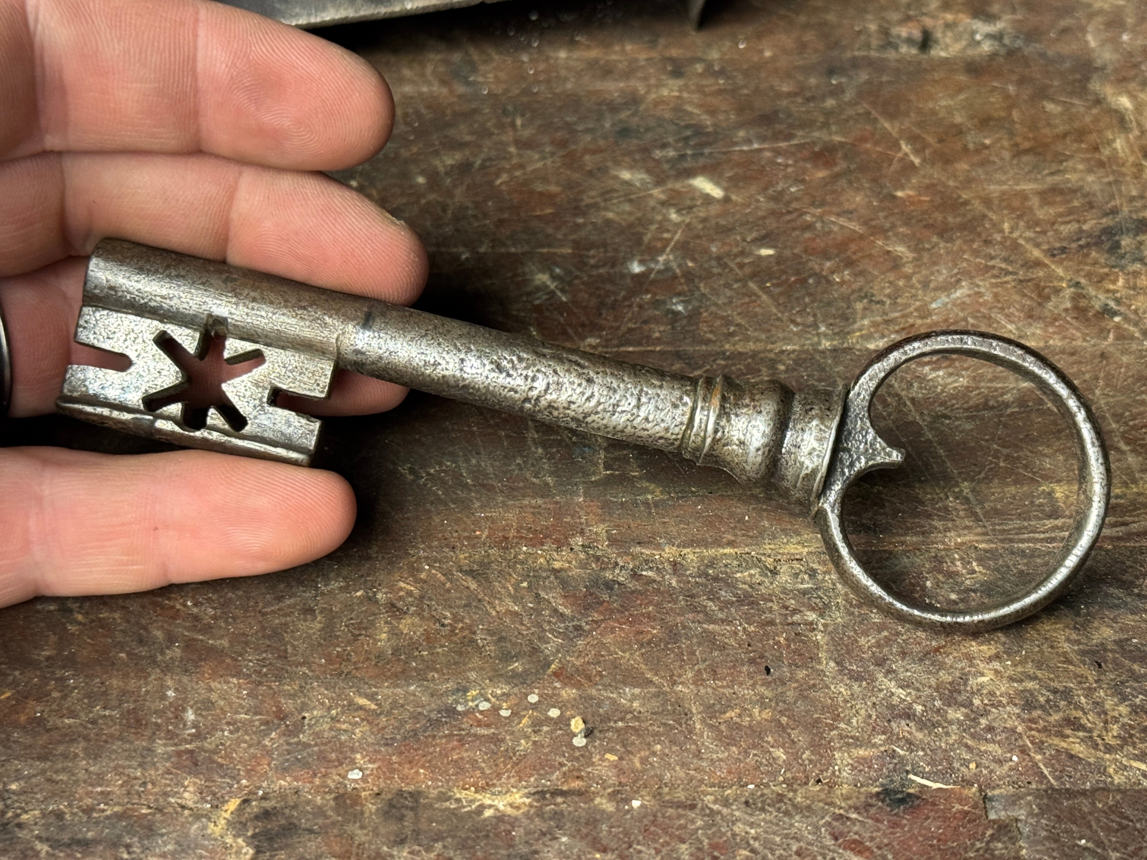 Large Decorative Hand-Forged Wrought Iron Chest Lock with Pierced Star Key