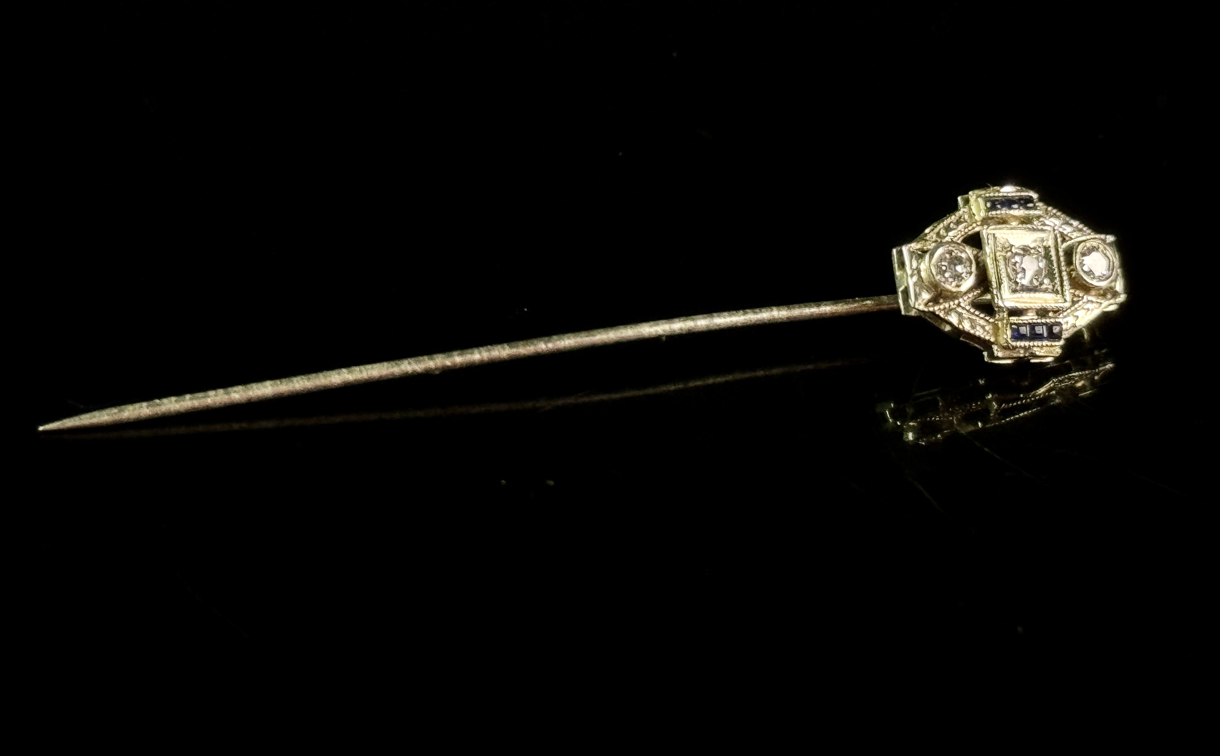 Belais Art Deco 18K White Gold Diamond and Sapphire Stickpin