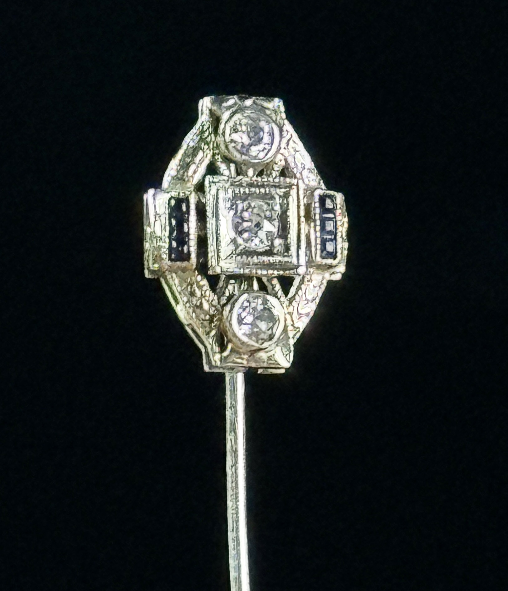 Belais Art Deco 18K White Gold Diamond and Sapphire Stickpin