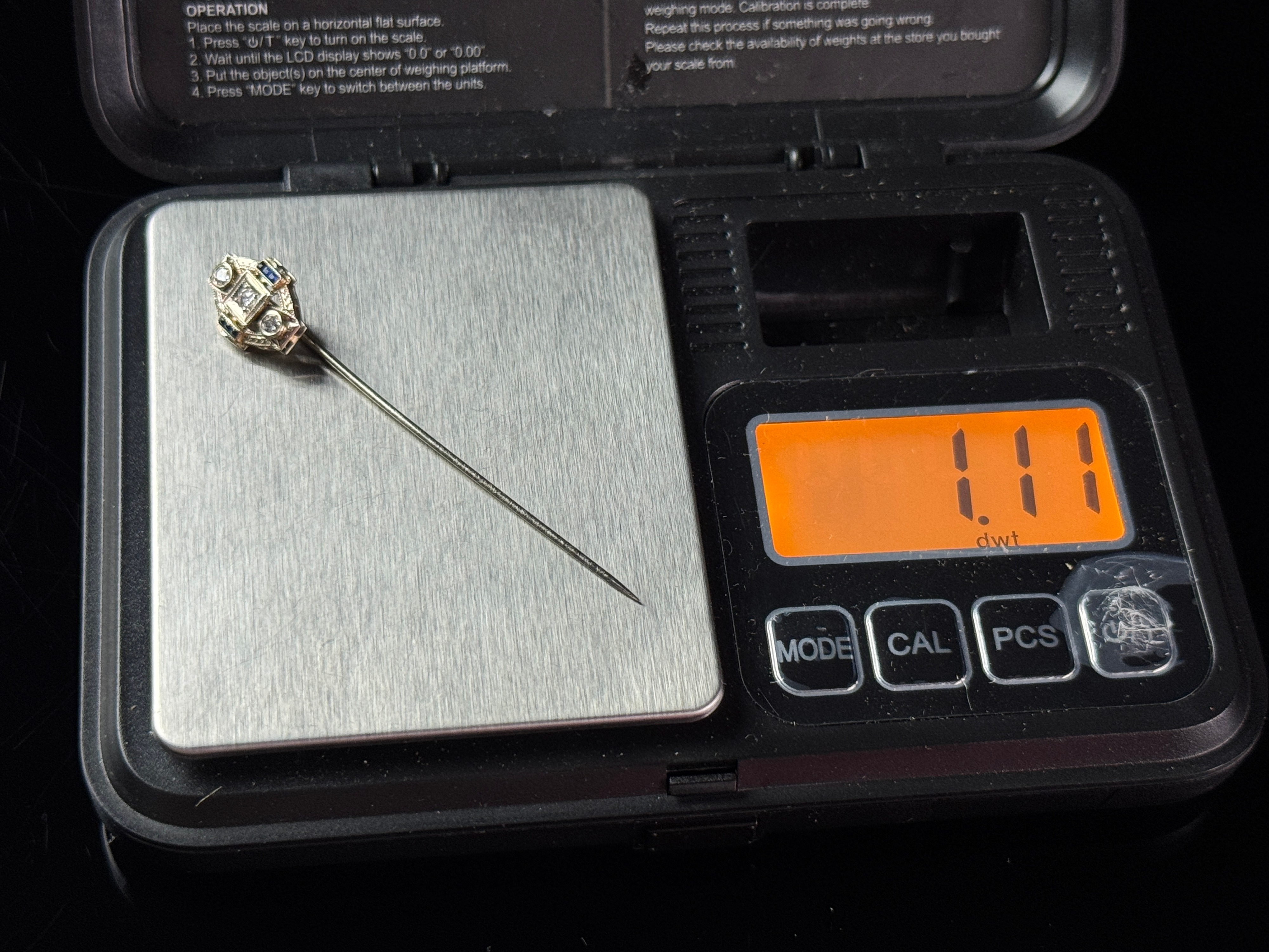 Belais Art Deco 18K White Gold Diamond and Sapphire Stickpin