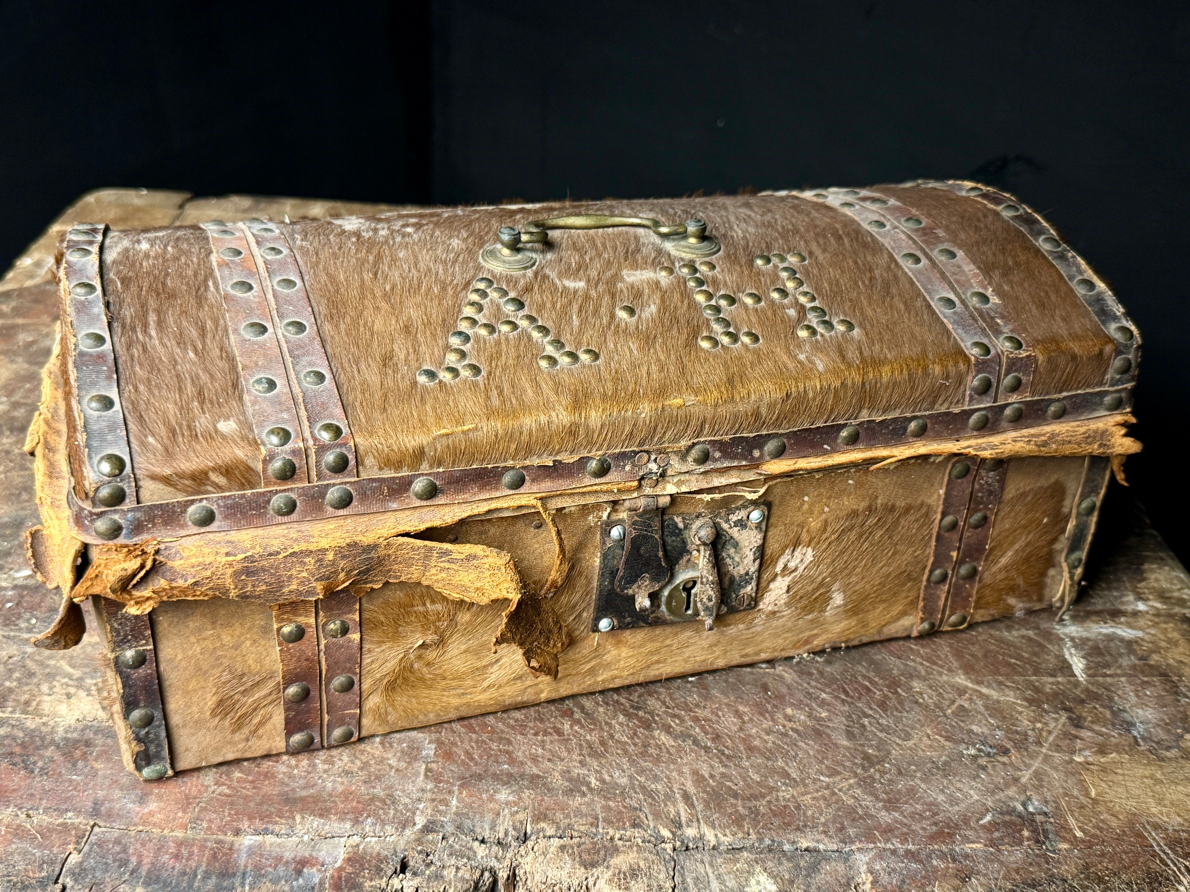 Antique 19th Century Domed Top Hair on Hide Document Box with Brass Tack Initials