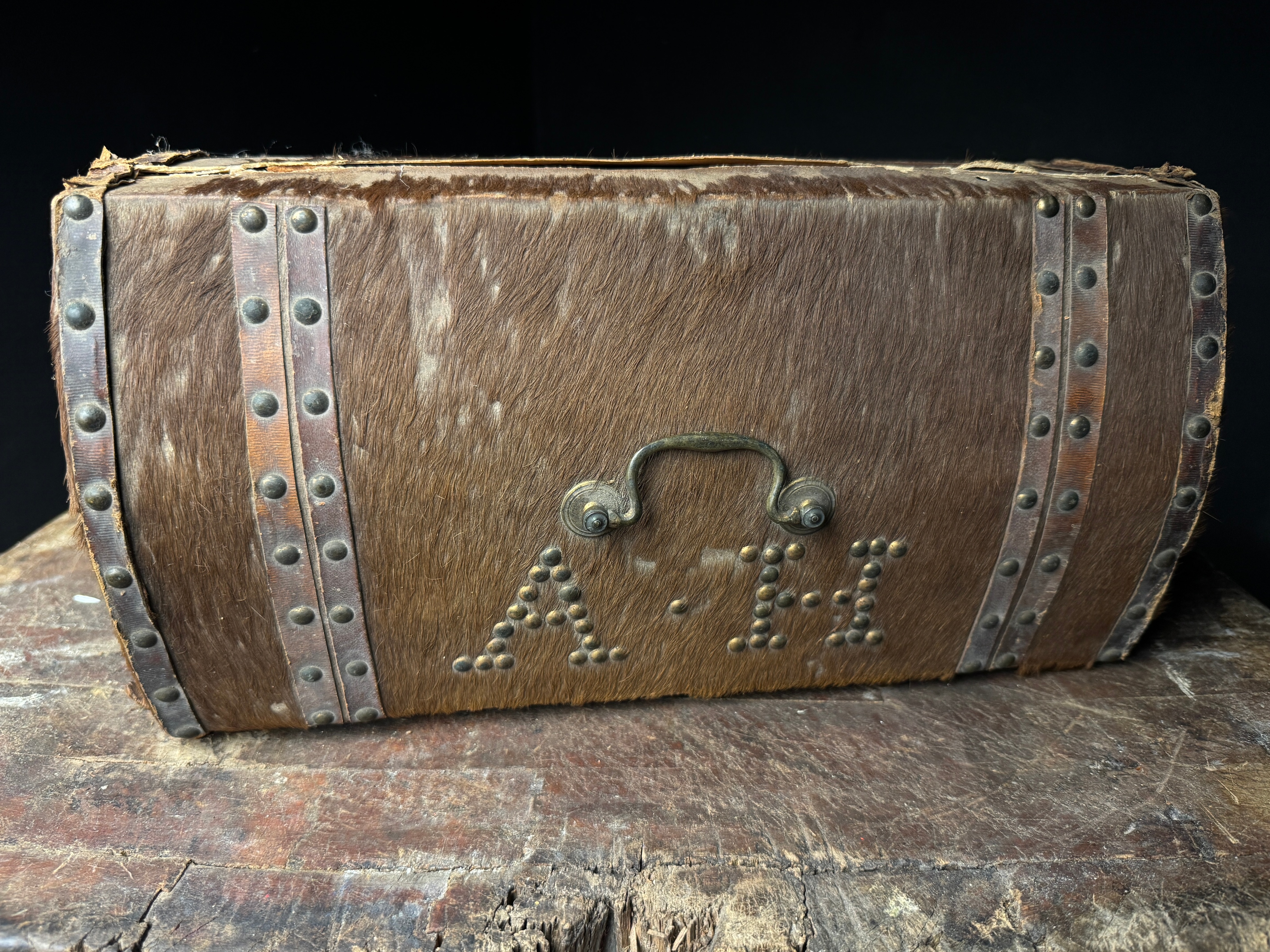 Antique 19th Century Domed Top Hair on Hide Document Box with Brass Tack Initials