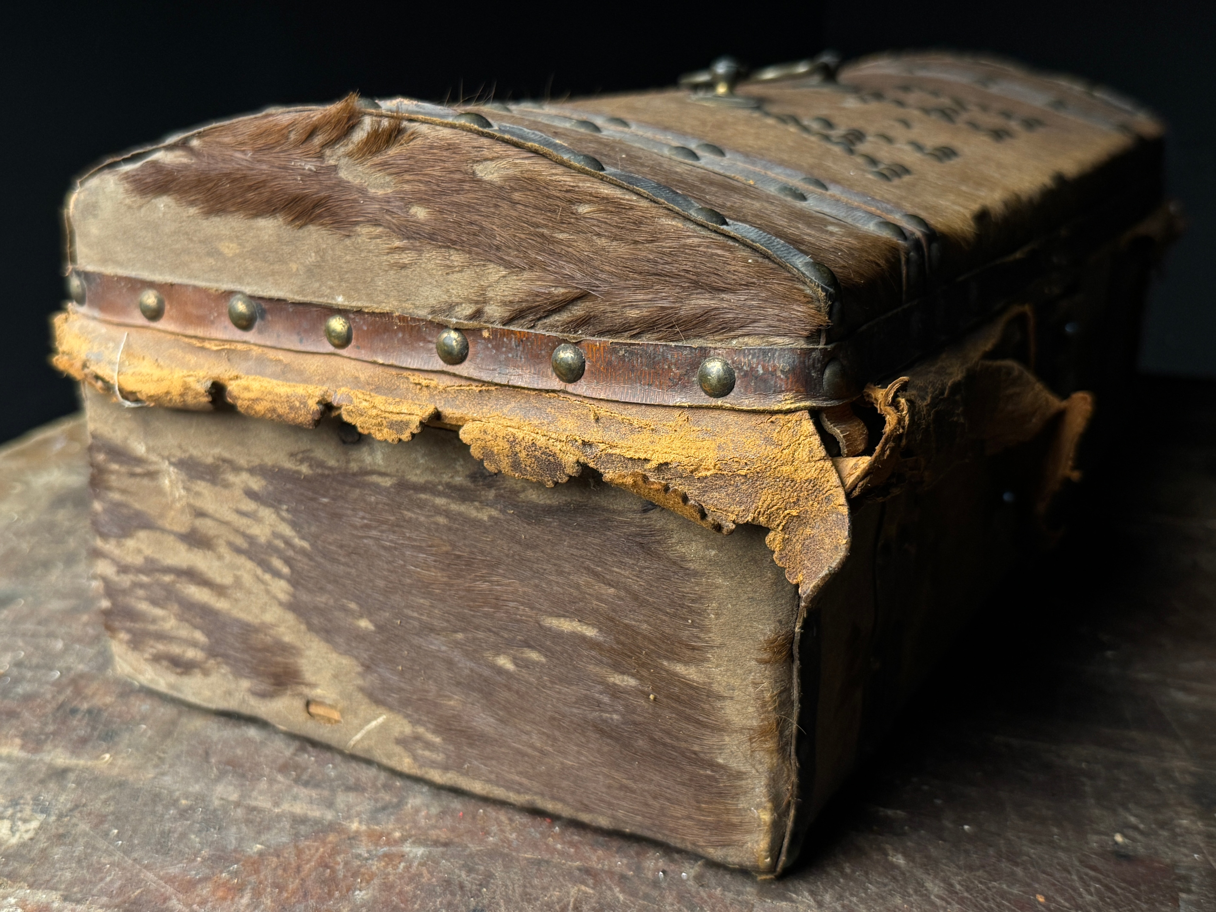 Antique 19th Century Domed Top Hair on Hide Document Box with Brass Tack Initials