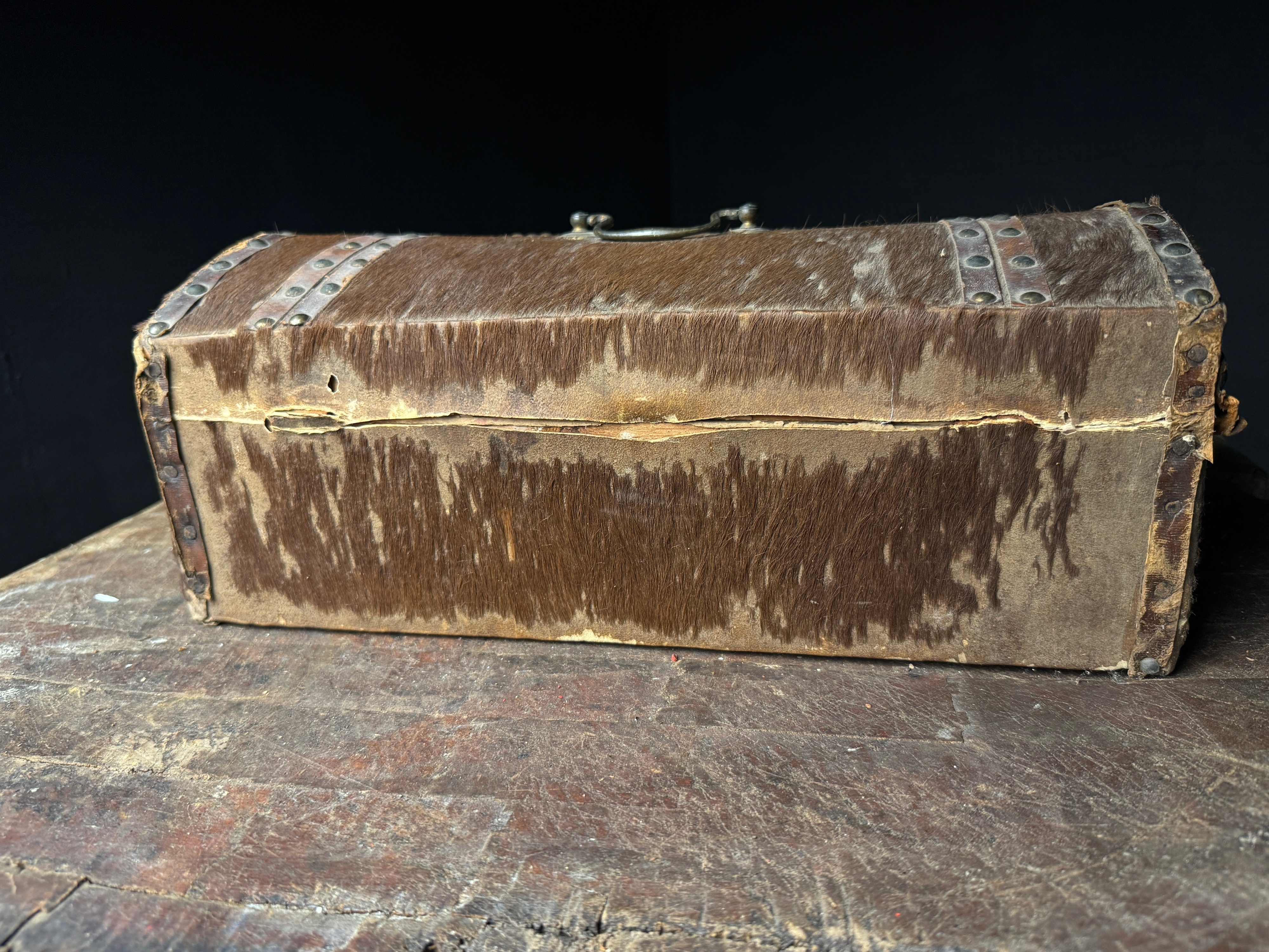 Antique 19th Century Domed Top Hair on Hide Document Box with Brass Tack Initials