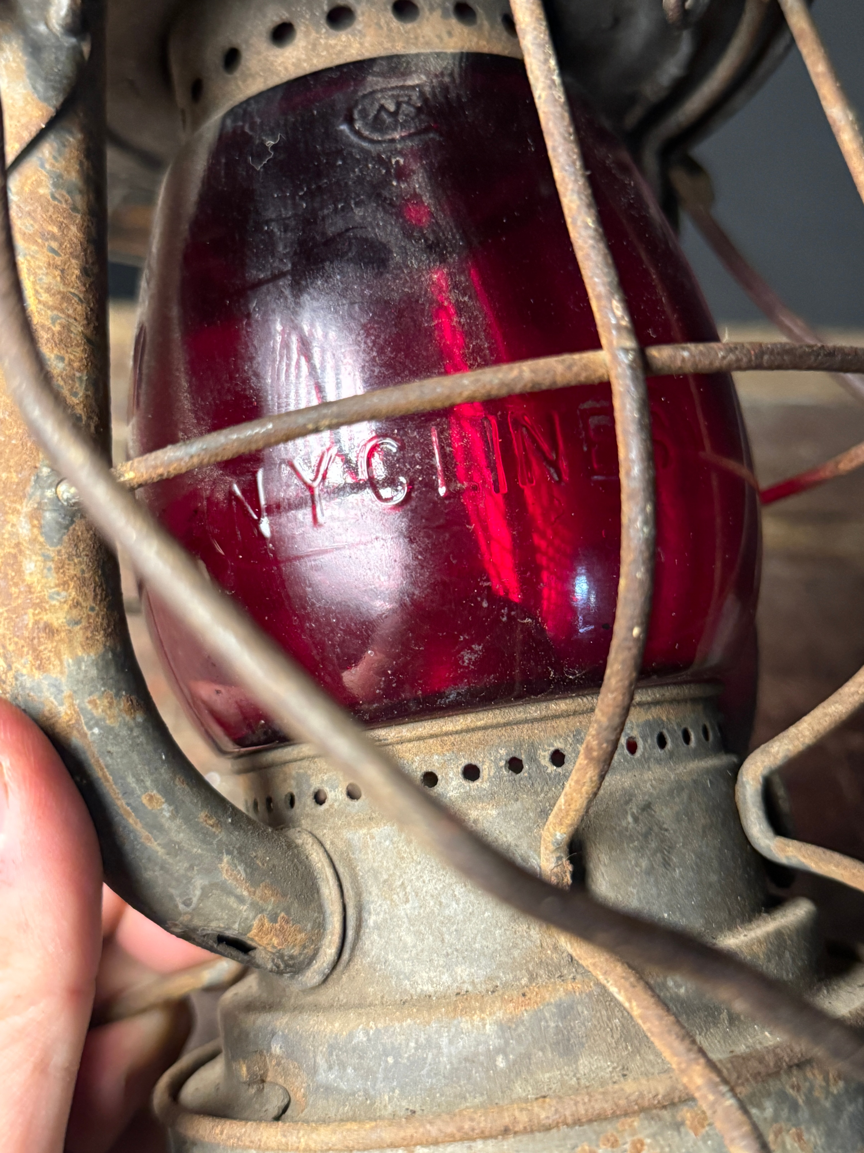 Dietz Vesta Railroad Lantern with C.C.C. & St. L. RY. Branding and NYCS Red Glass Globe