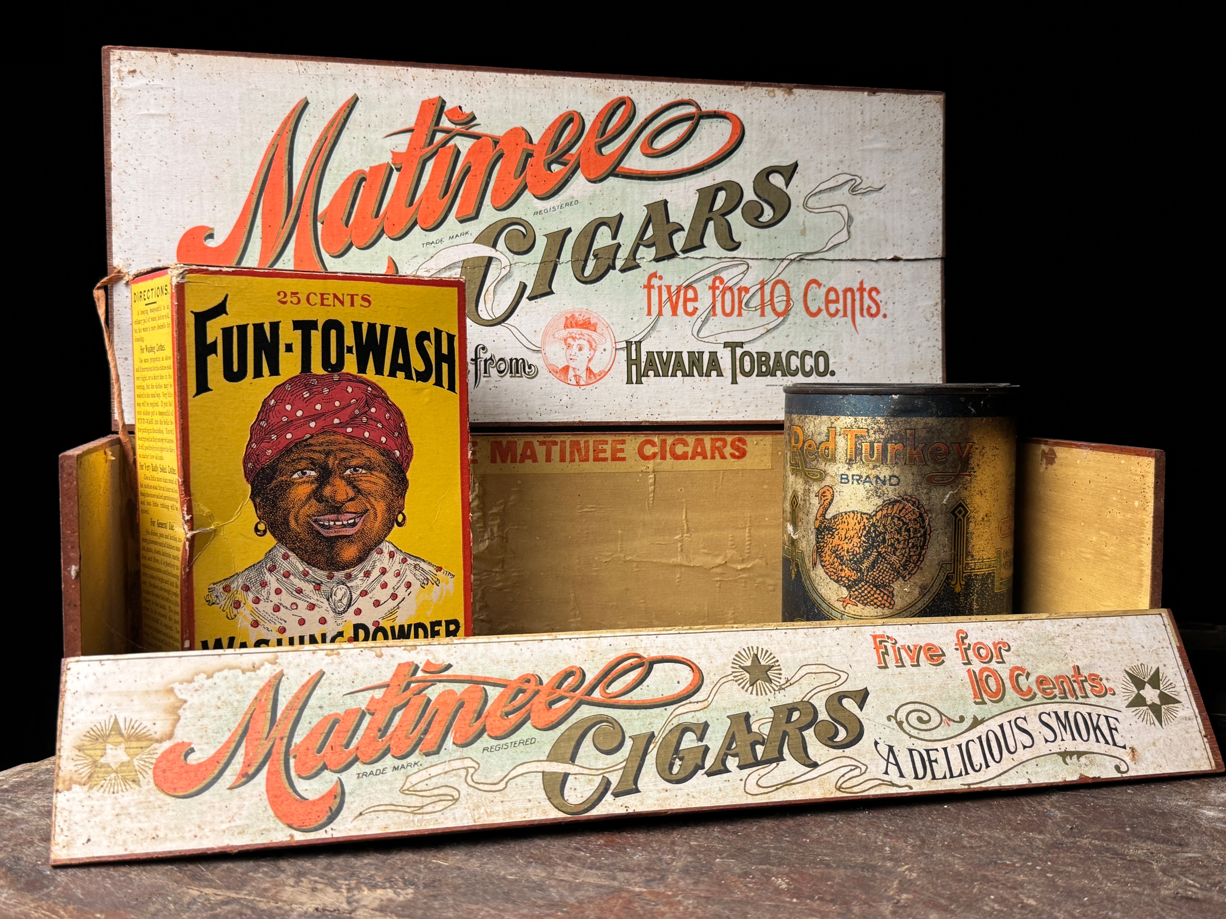A Trio of Vintage Advertising Items Including Matinee Cigars Display Box, Fun-To-Wash Washing Powder, and Red Turkey Coffee Tin