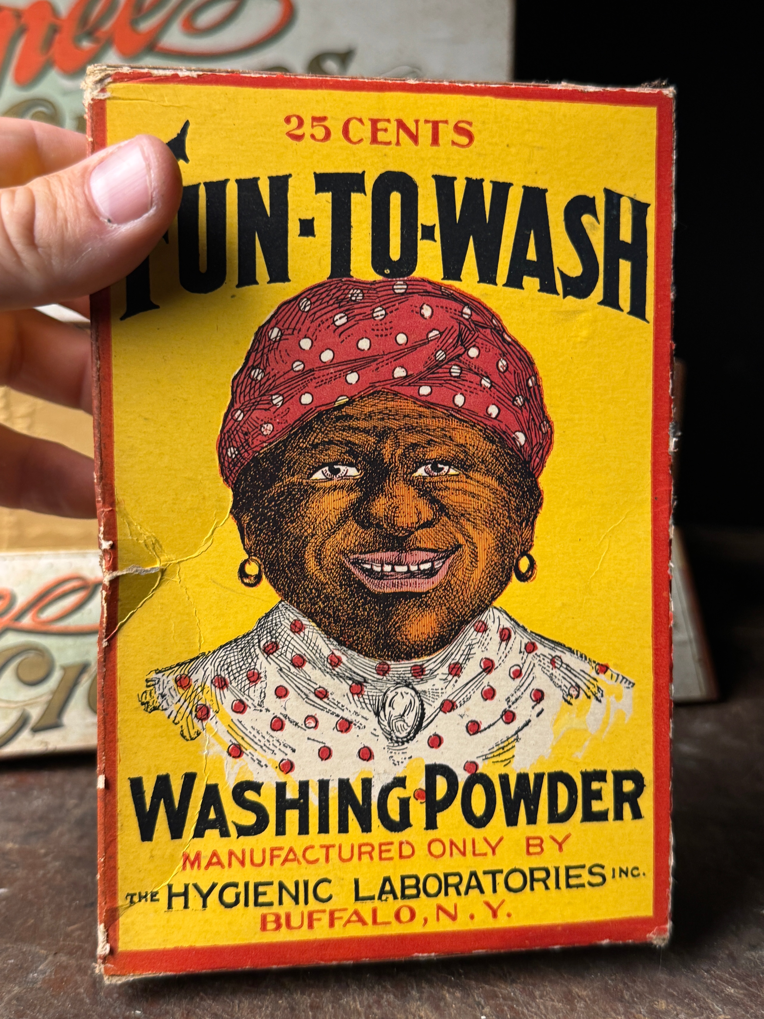 A Trio of Vintage Advertising Items Including Matinee Cigars Display Box, Fun-To-Wash Washing Powder, and Red Turkey Coffee Tin
