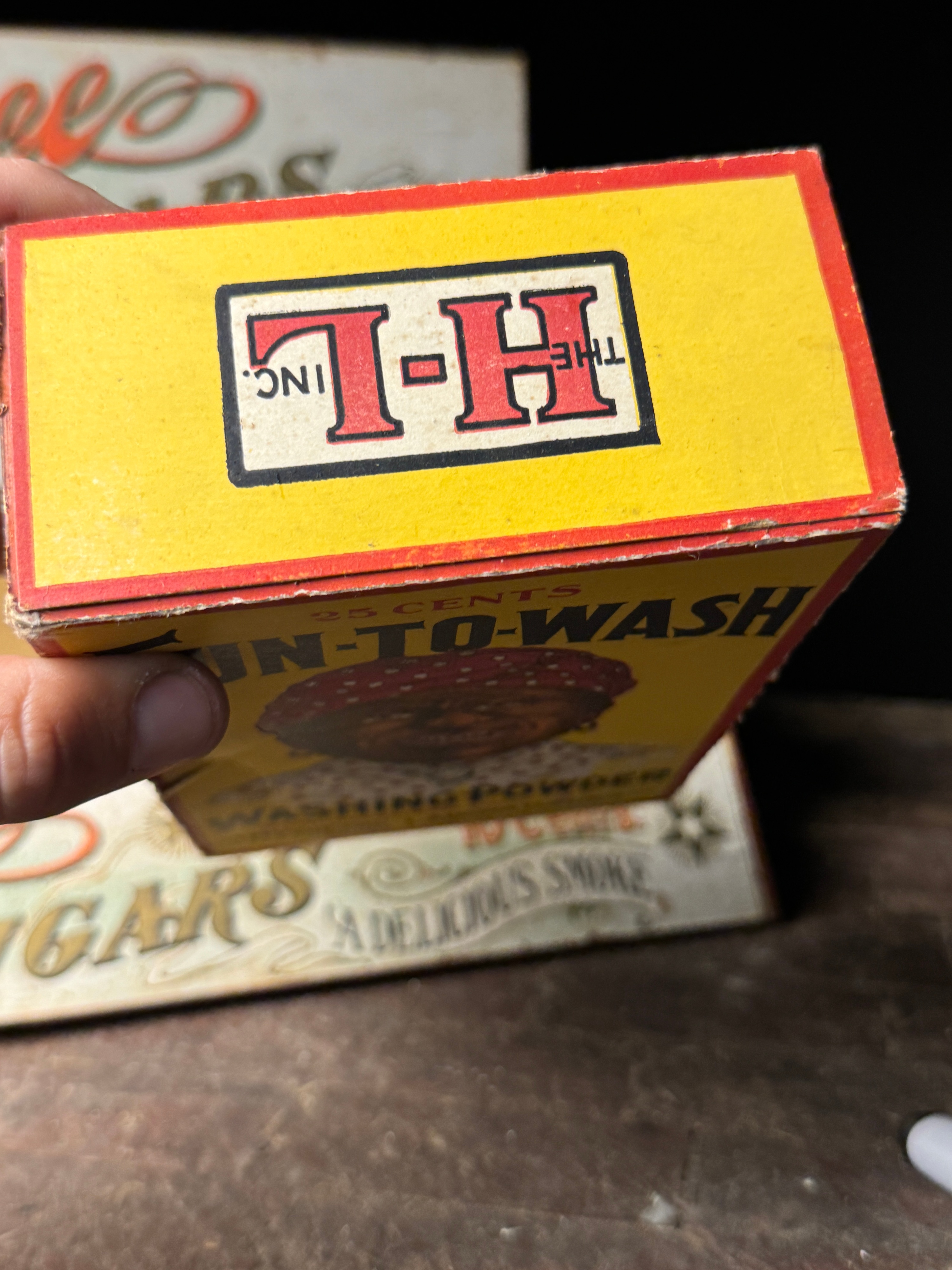 A Trio of Vintage Advertising Items Including Matinee Cigars Display Box, Fun-To-Wash Washing Powder, and Red Turkey Coffee Tin