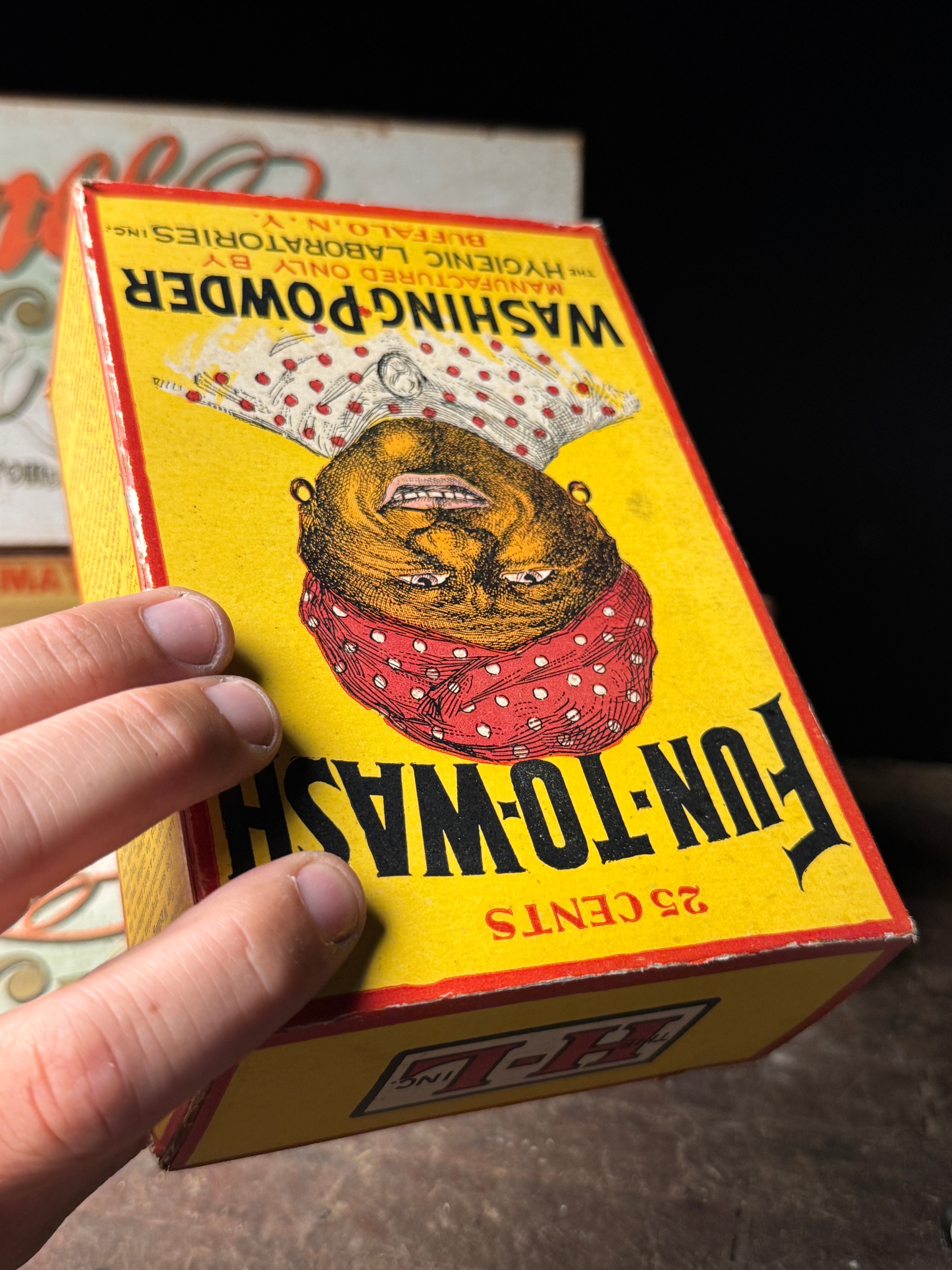 A Trio of Vintage Advertising Items Including Matinee Cigars Display Box, Fun-To-Wash Washing Powder, and Red Turkey Coffee Tin