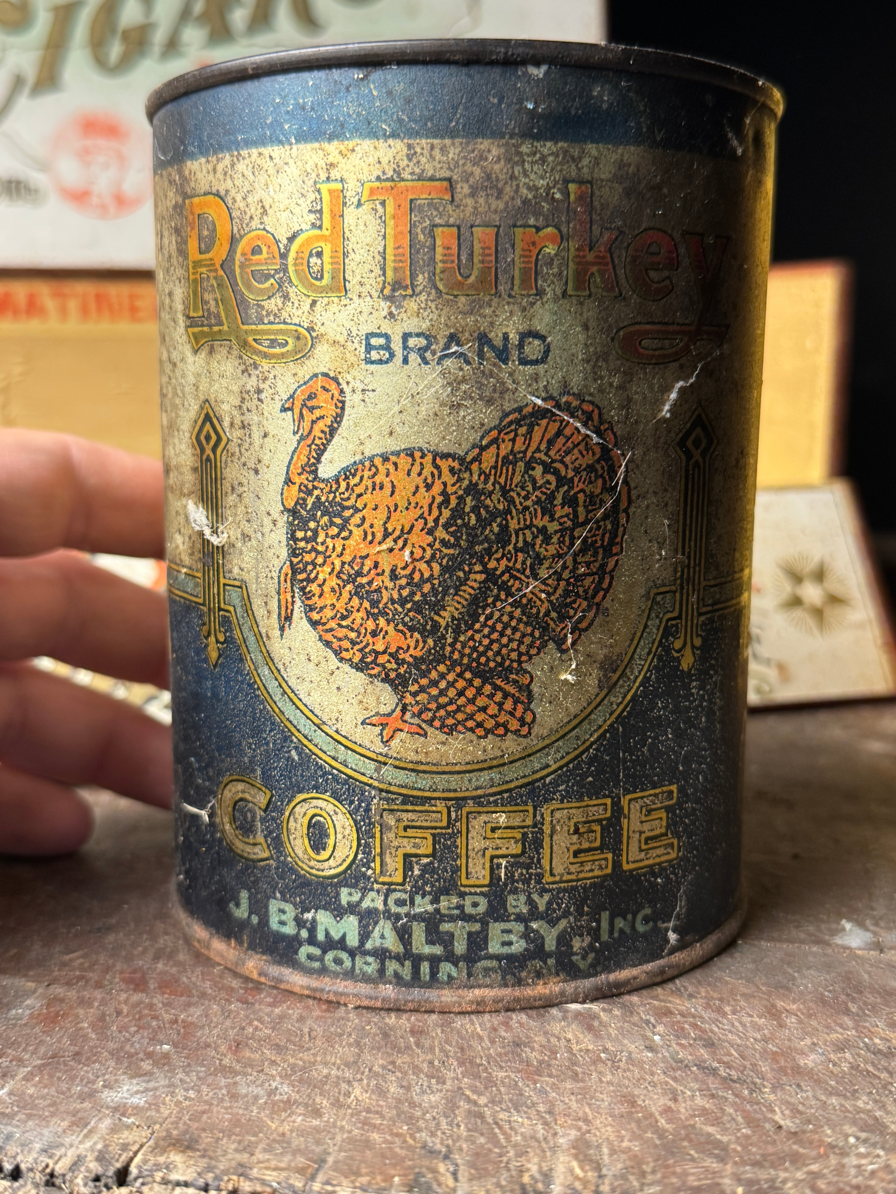 A Trio of Vintage Advertising Items Including Matinee Cigars Display Box, Fun-To-Wash Washing Powder, and Red Turkey Coffee Tin