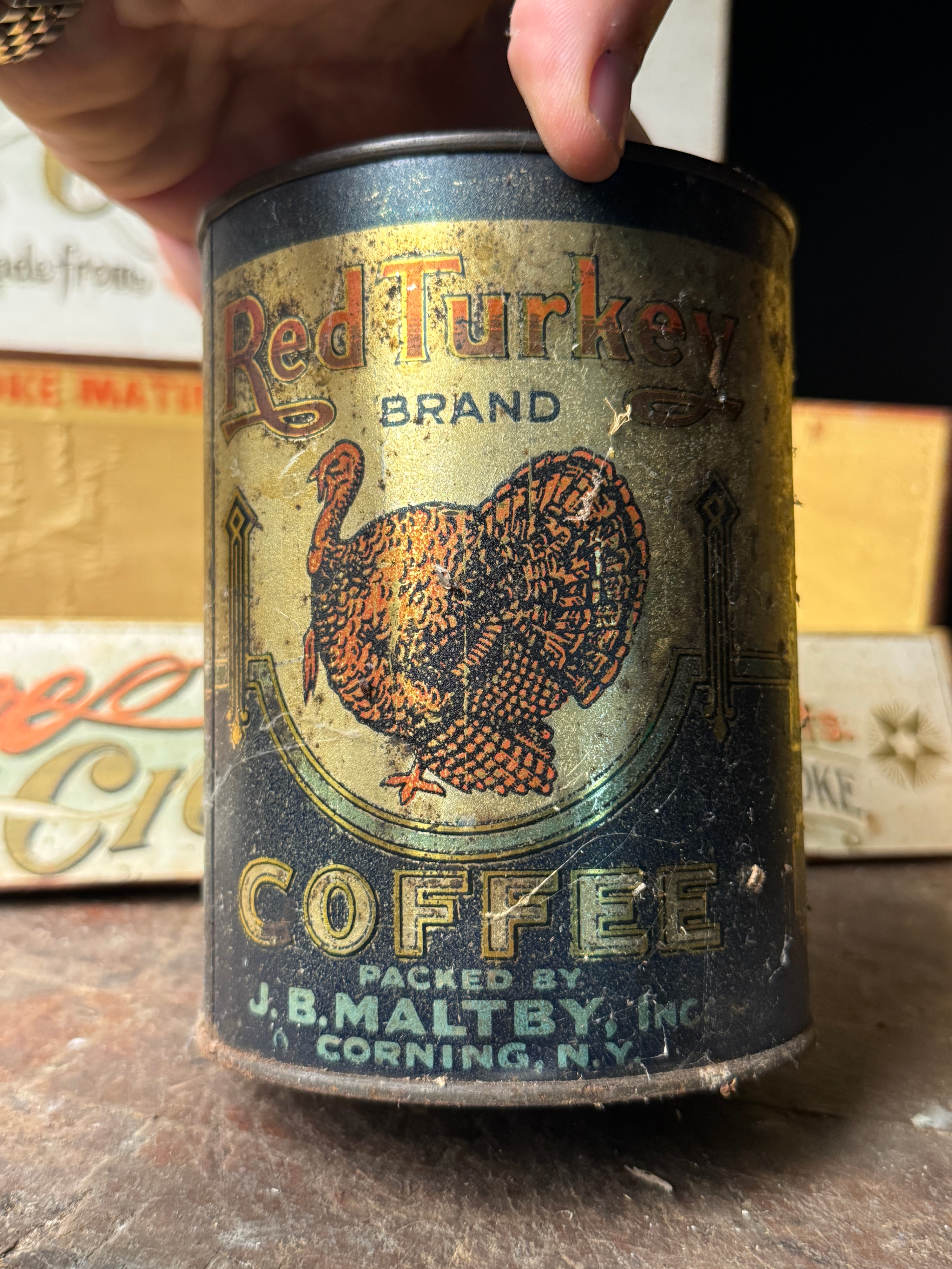 A Trio of Vintage Advertising Items Including Matinee Cigars Display Box, Fun-To-Wash Washing Powder, and Red Turkey Coffee Tin