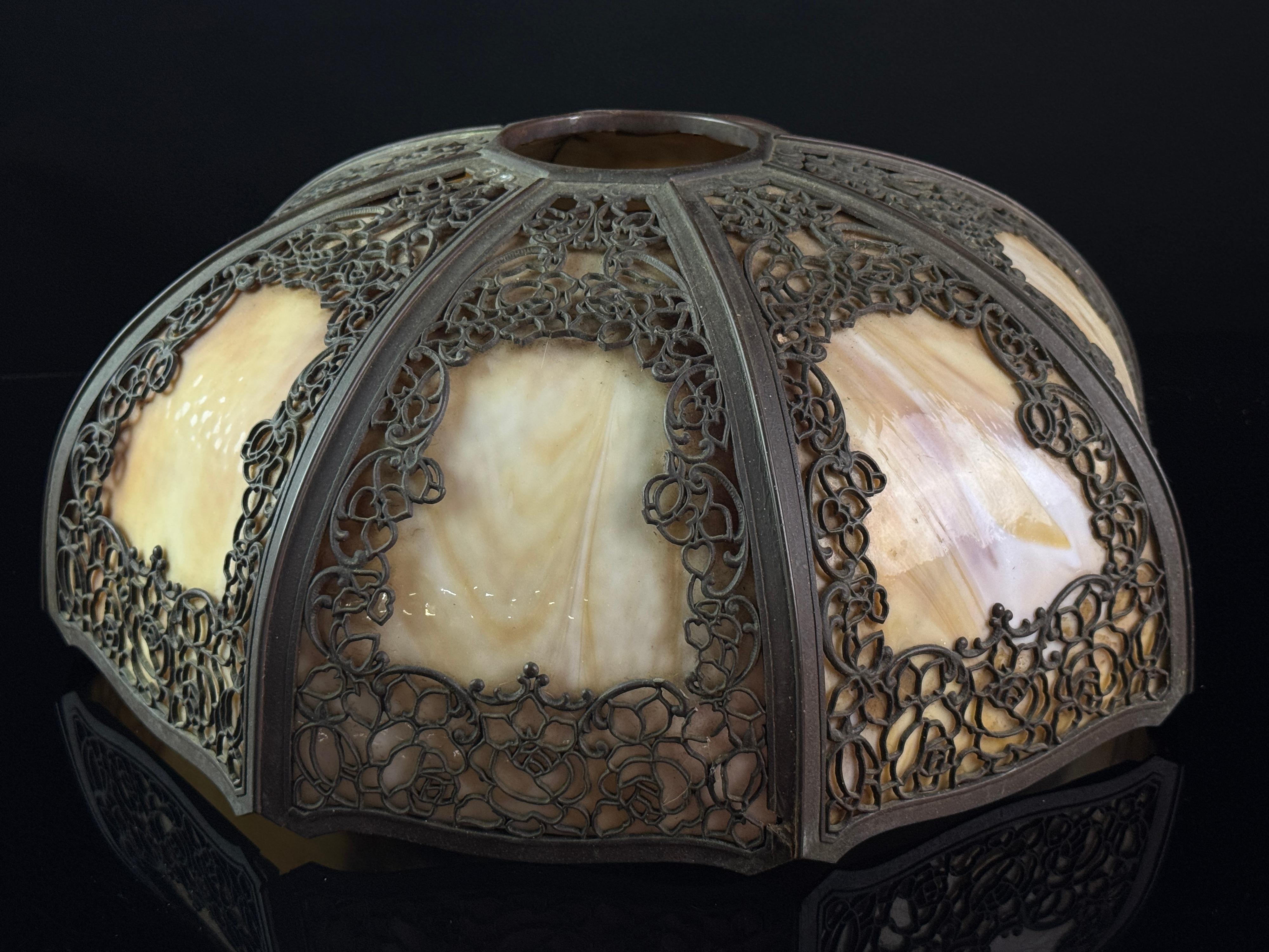 Octagonal Slag Glass and Metal Rose Overlay Lamp Shade