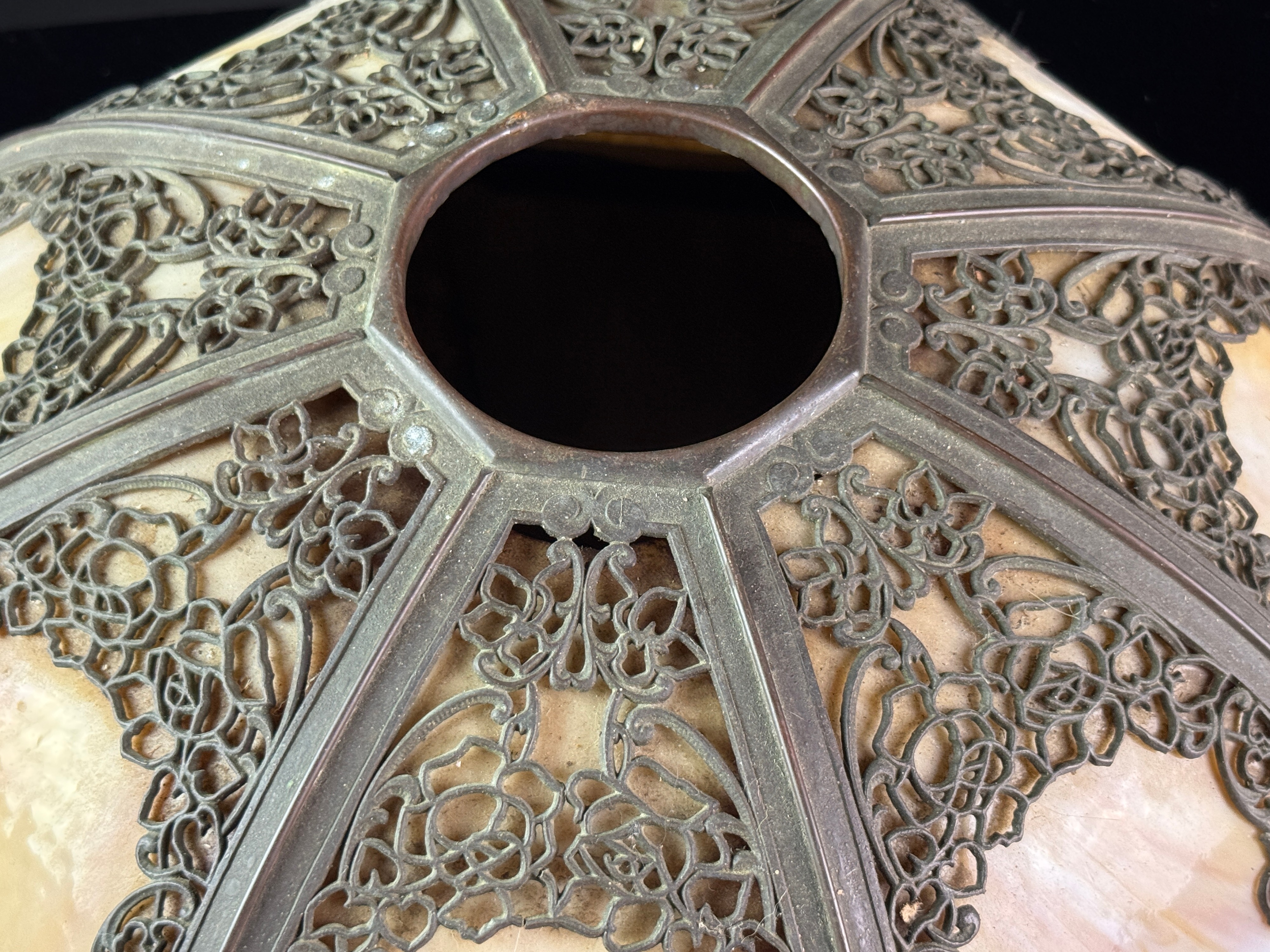 Octagonal Slag Glass and Metal Rose Overlay Lamp Shade