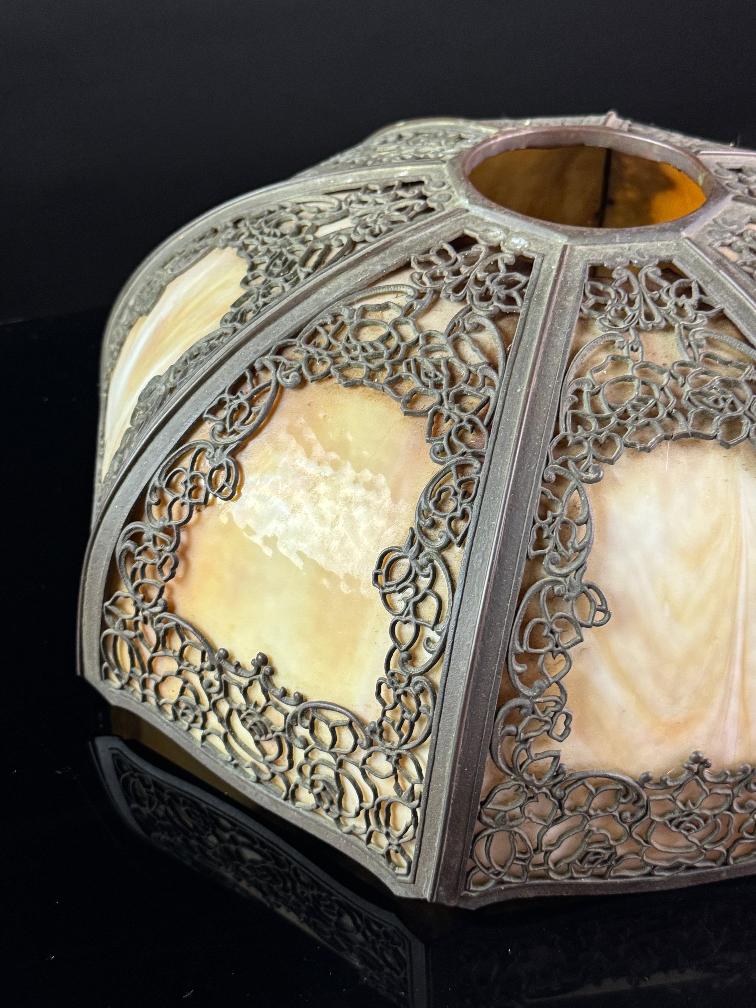 Octagonal Slag Glass and Metal Rose Overlay Lamp Shade