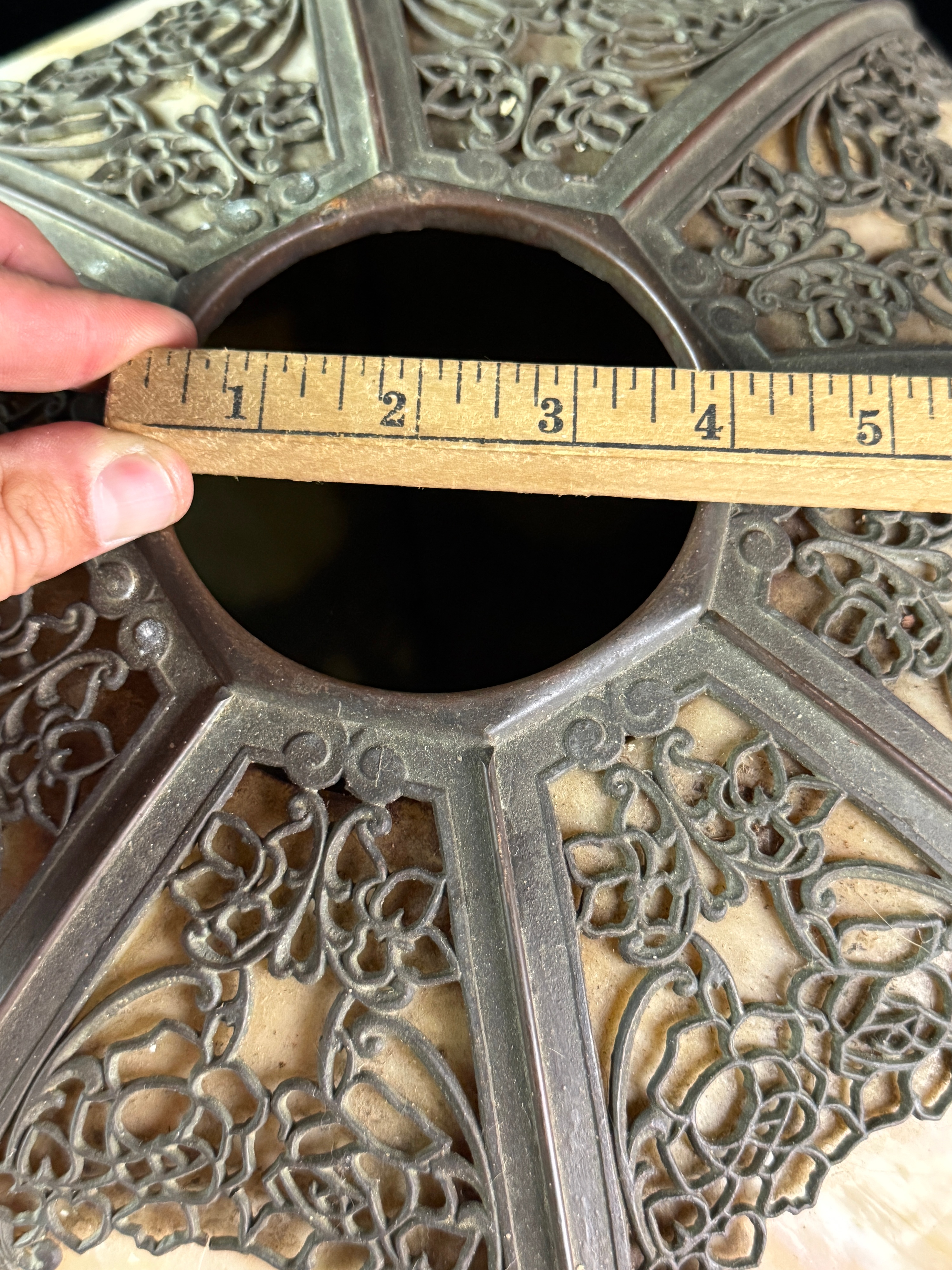 Octagonal Slag Glass and Metal Rose Overlay Lamp Shade
