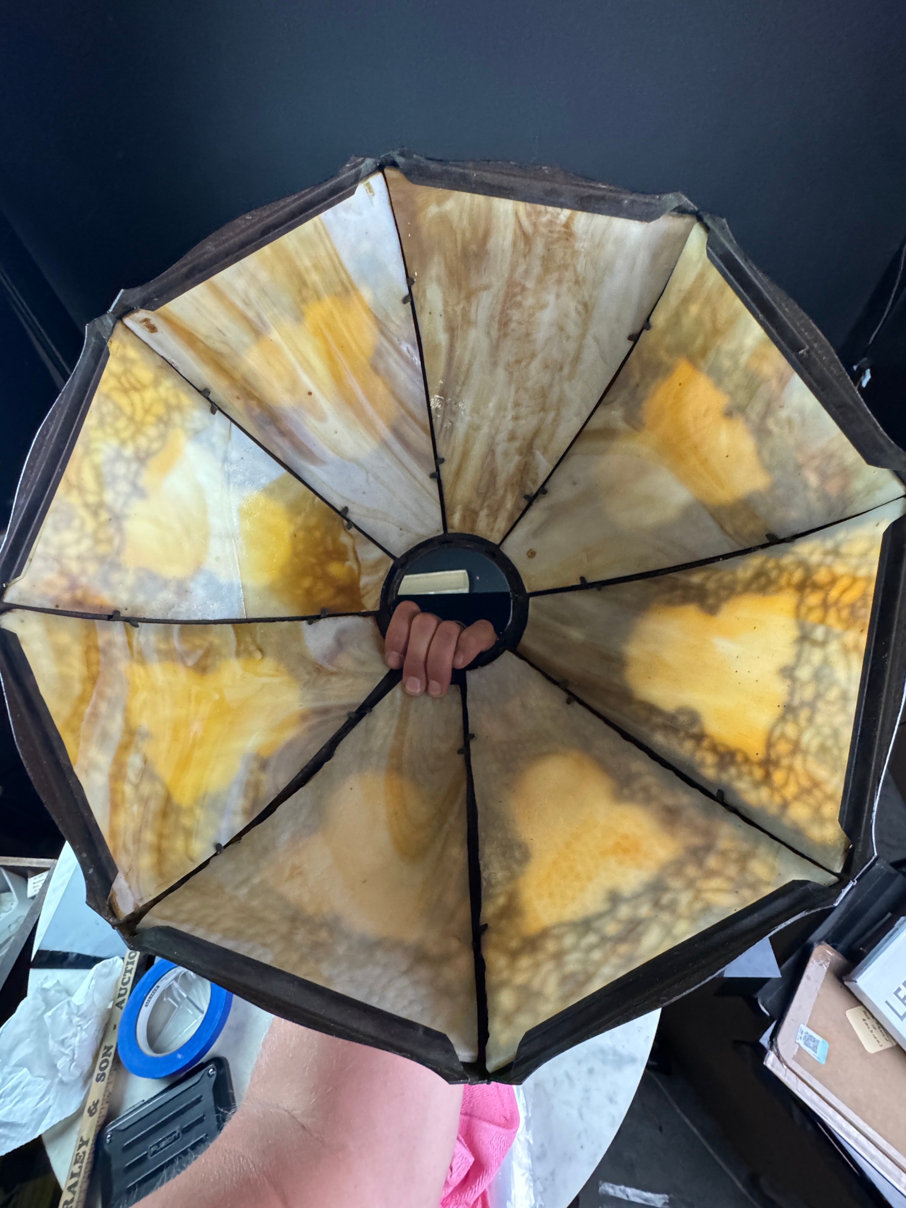 Octagonal Slag Glass and Metal Rose Overlay Lamp Shade