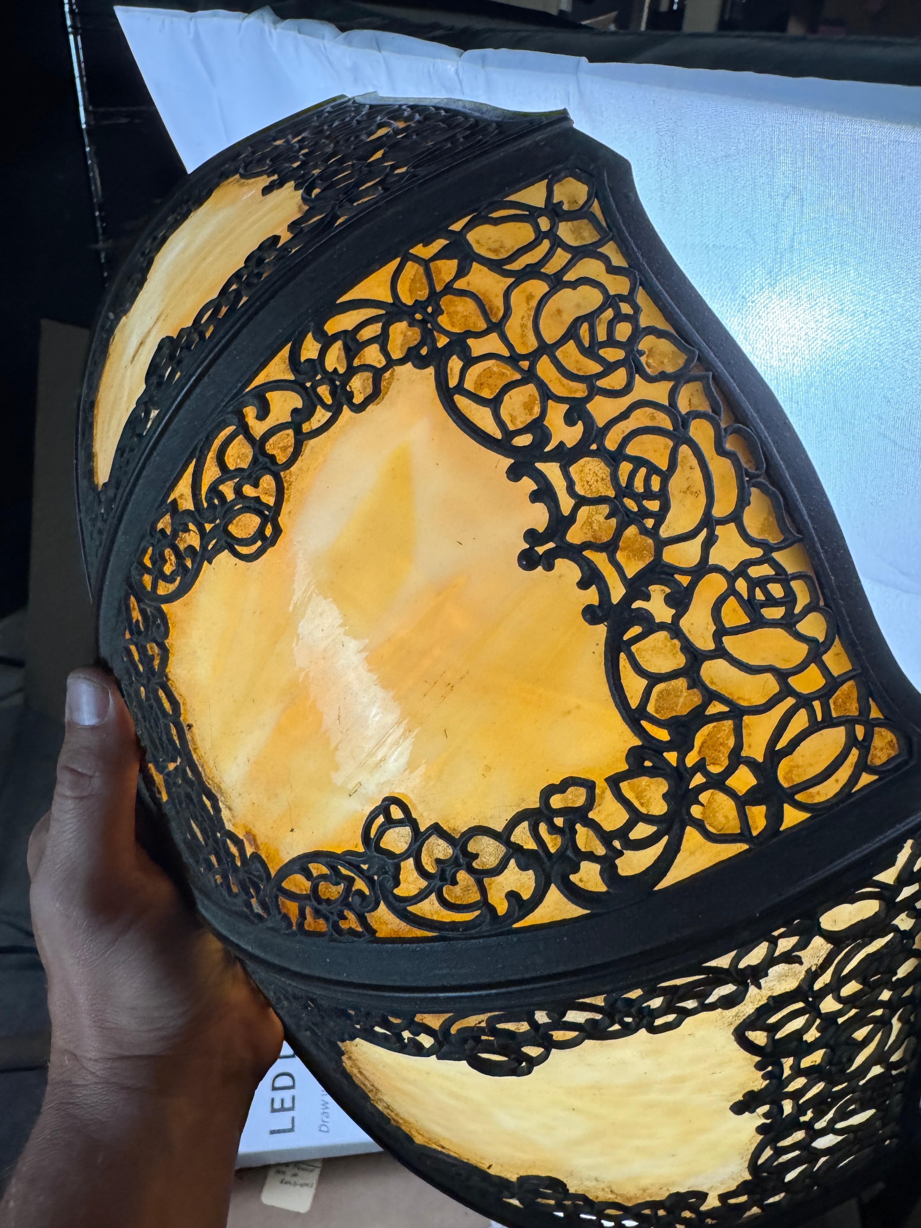 Octagonal Slag Glass and Metal Rose Overlay Lamp Shade