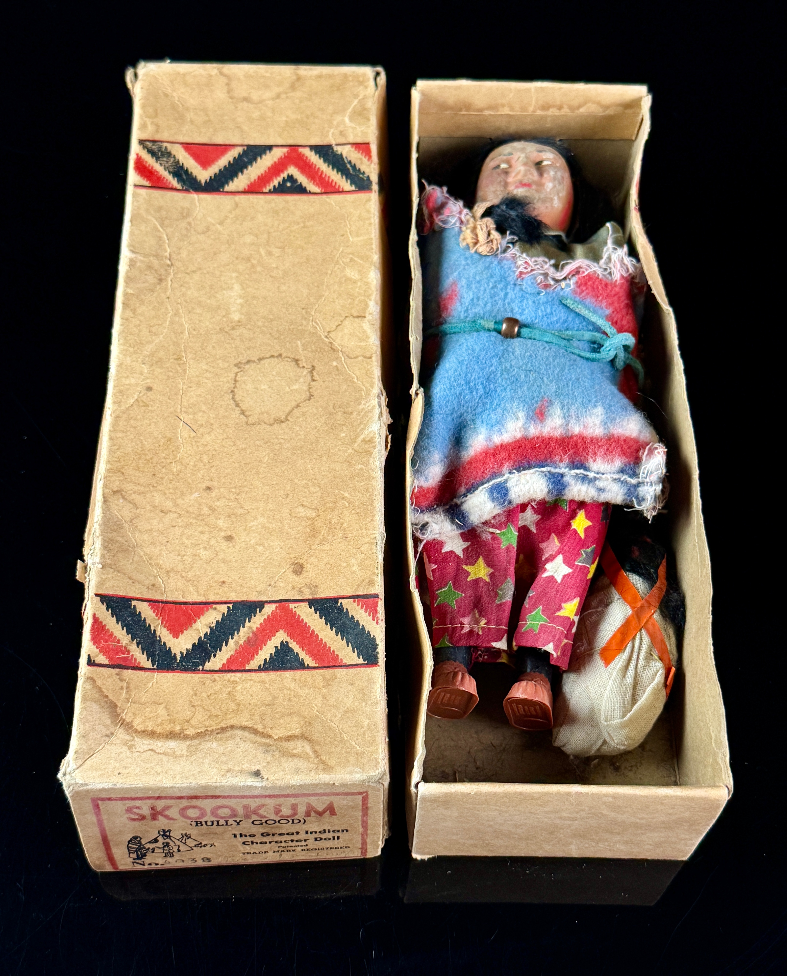Vintage Skookum Bully Good Indian Character Doll with Original Box and Papoose