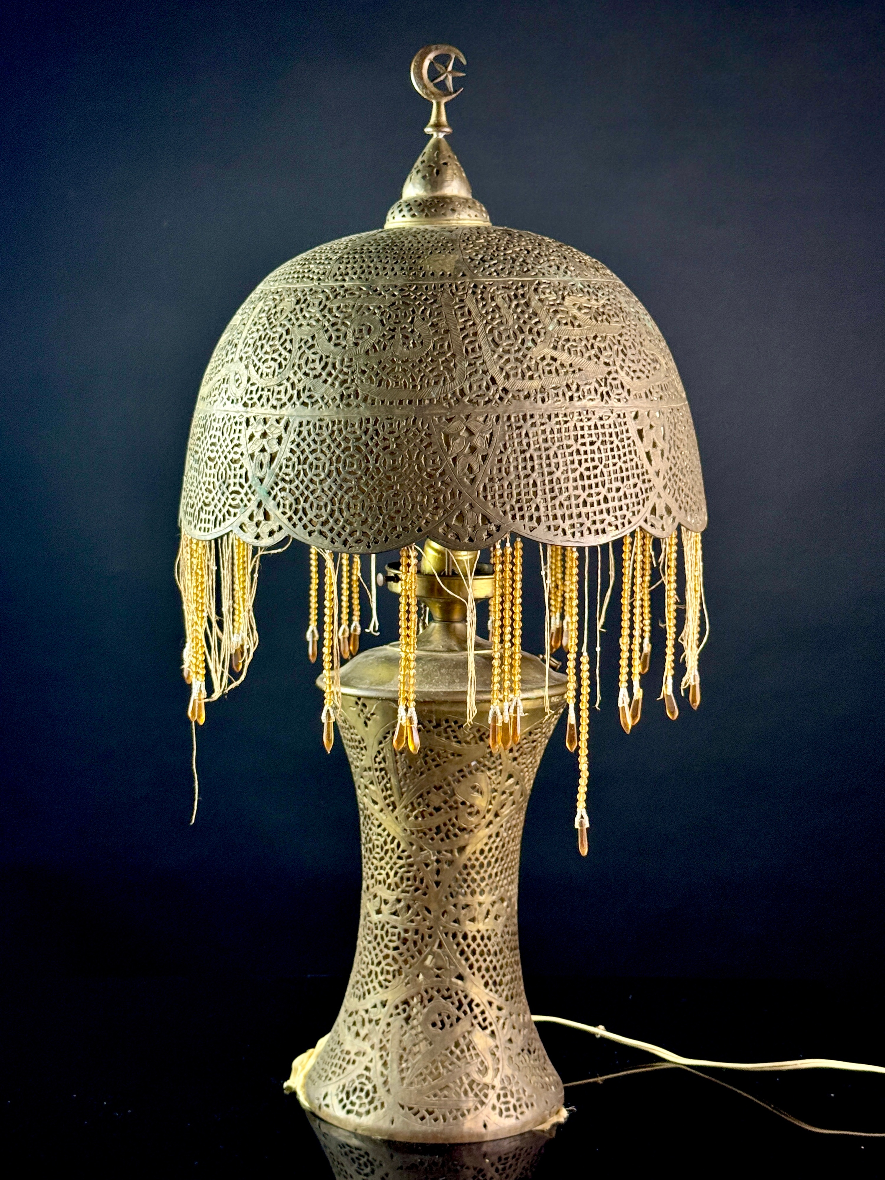 Syrian Pierced Brass Calligraphic Table Lamp with Glass Bead Fringe