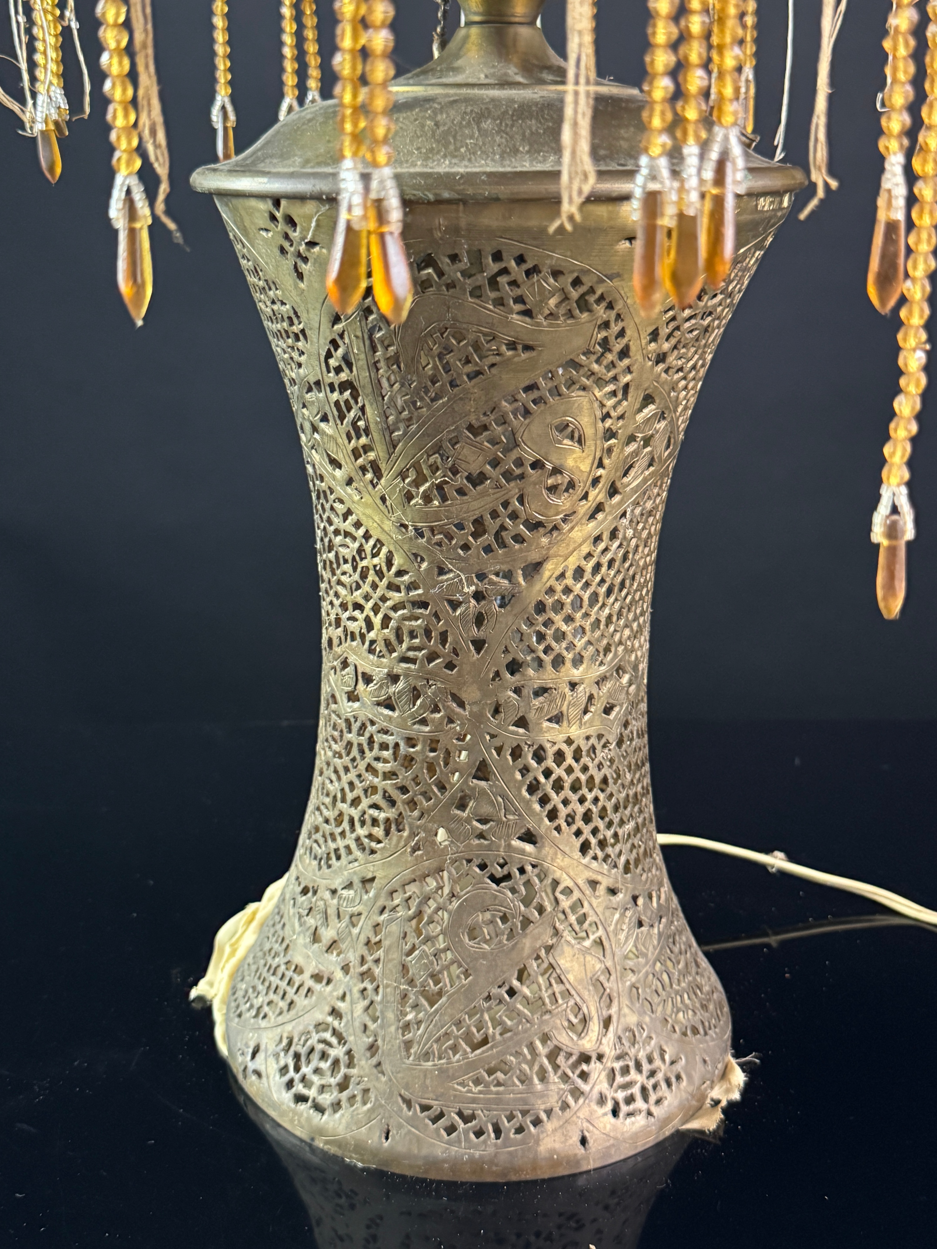 Syrian Pierced Brass Calligraphic Table Lamp with Glass Bead Fringe