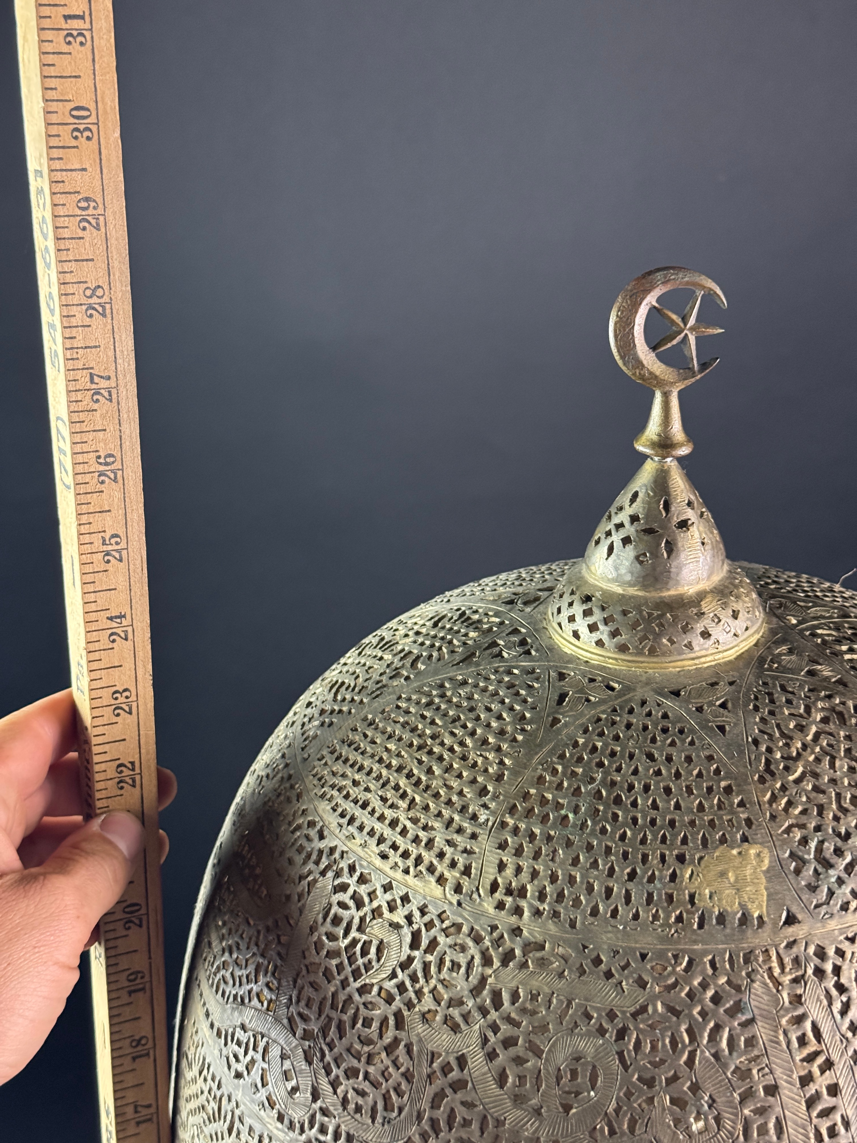 Syrian Pierced Brass Calligraphic Table Lamp with Glass Bead Fringe