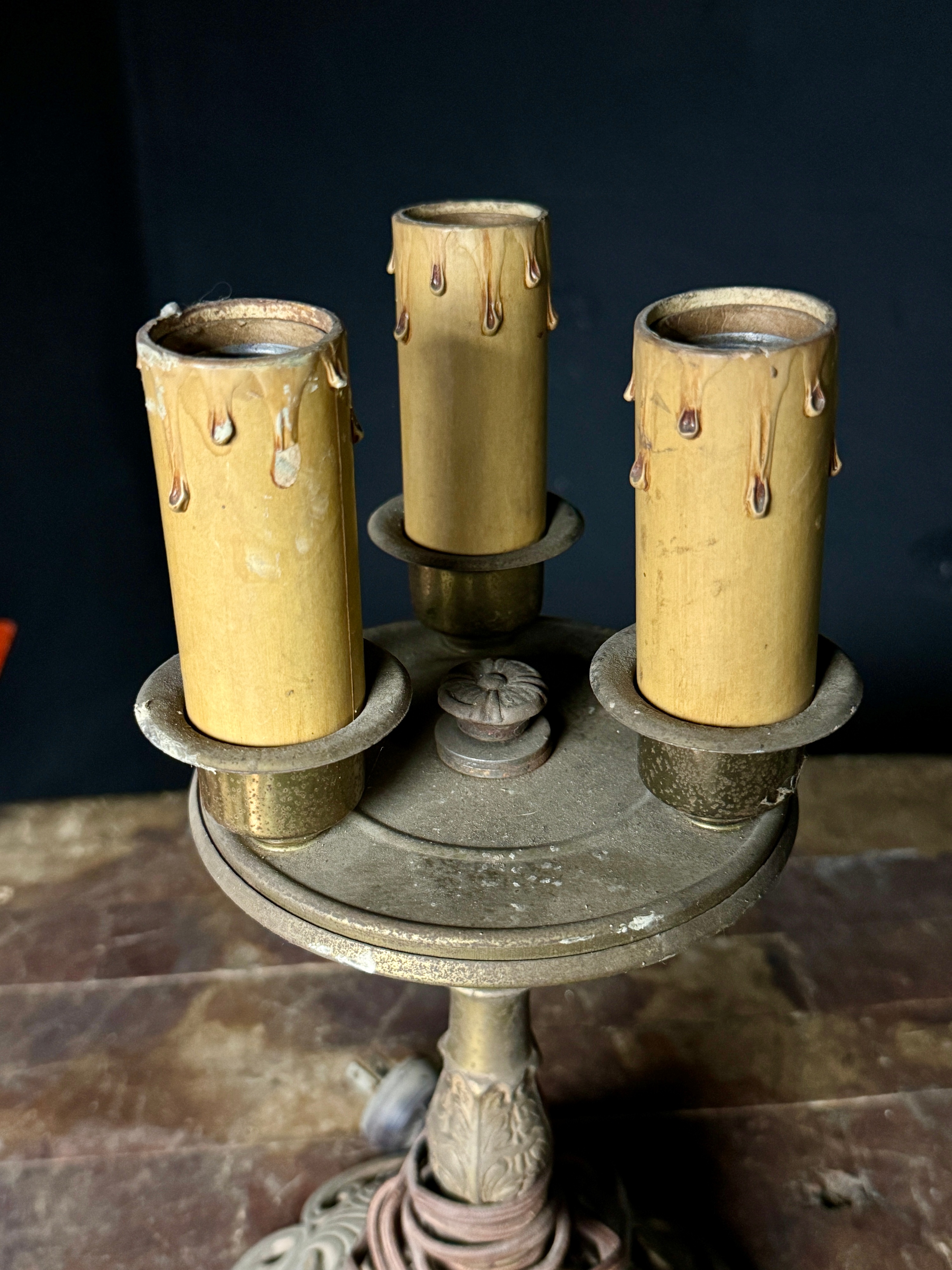 Art Deco Style Three-Light Cast Metal Candelabra Table Lamp
