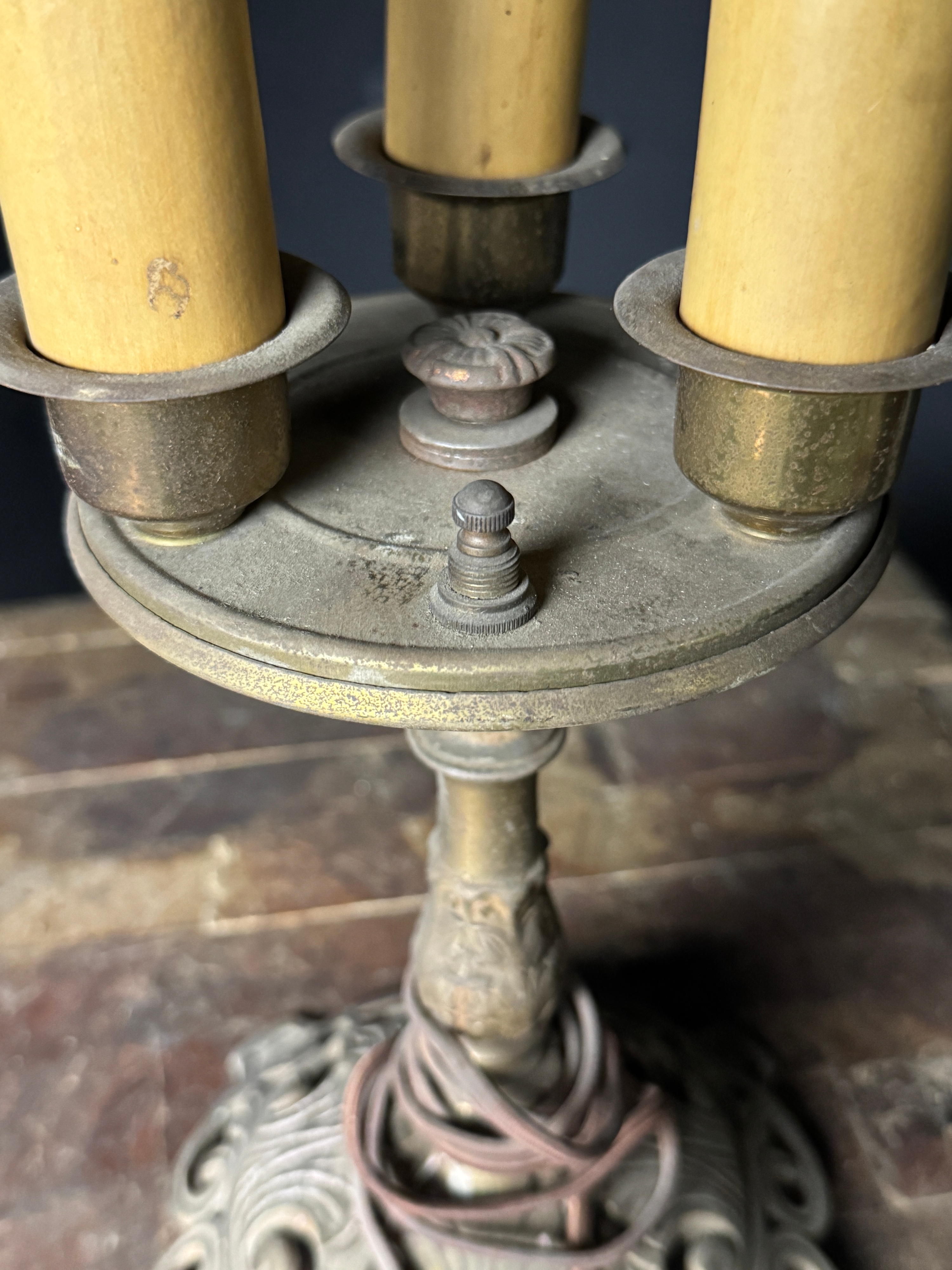 Art Deco Style Three-Light Cast Metal Candelabra Table Lamp