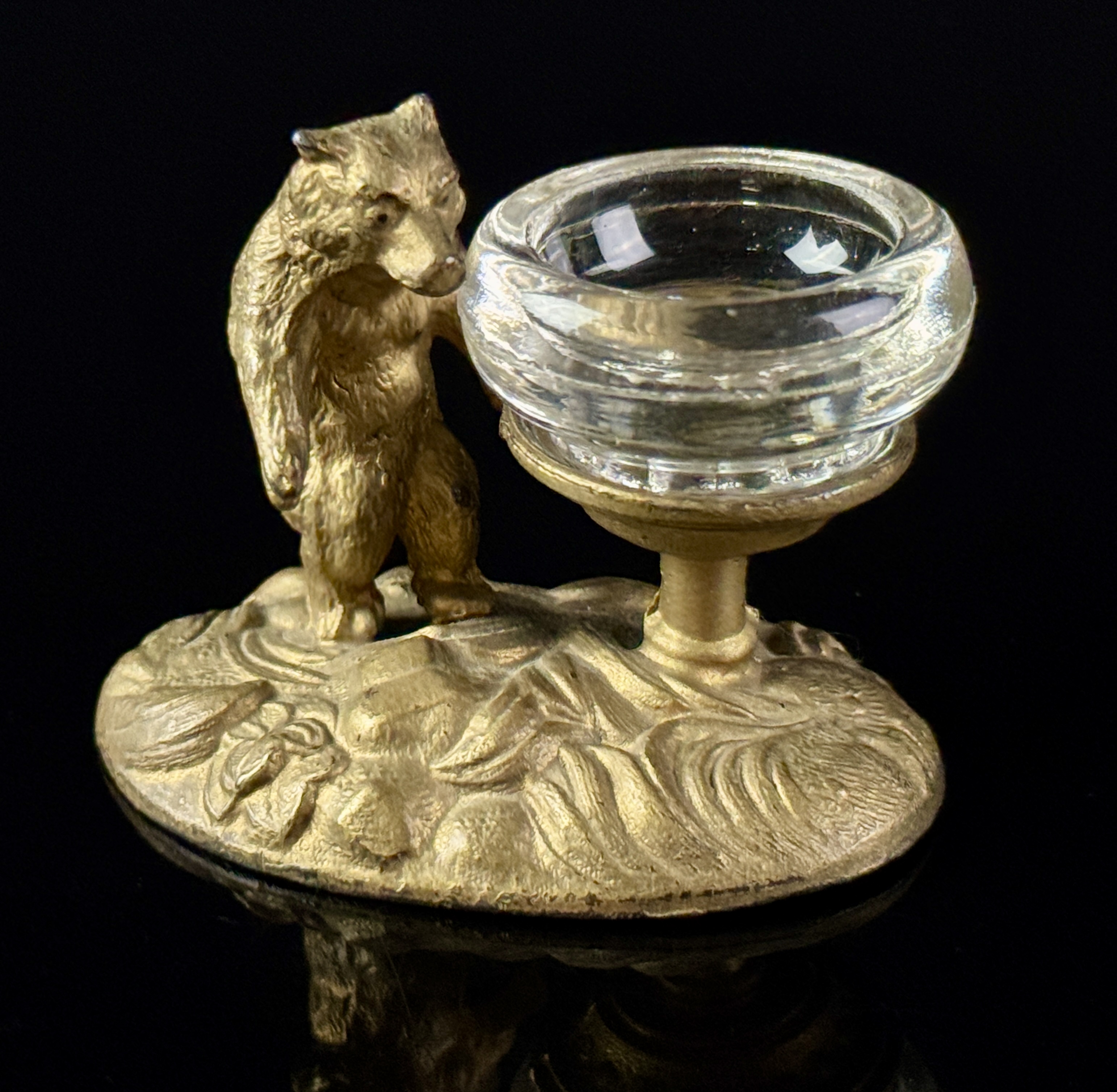 Antique Gilt Spelter Figural Bear Master Salt with Glass Liner