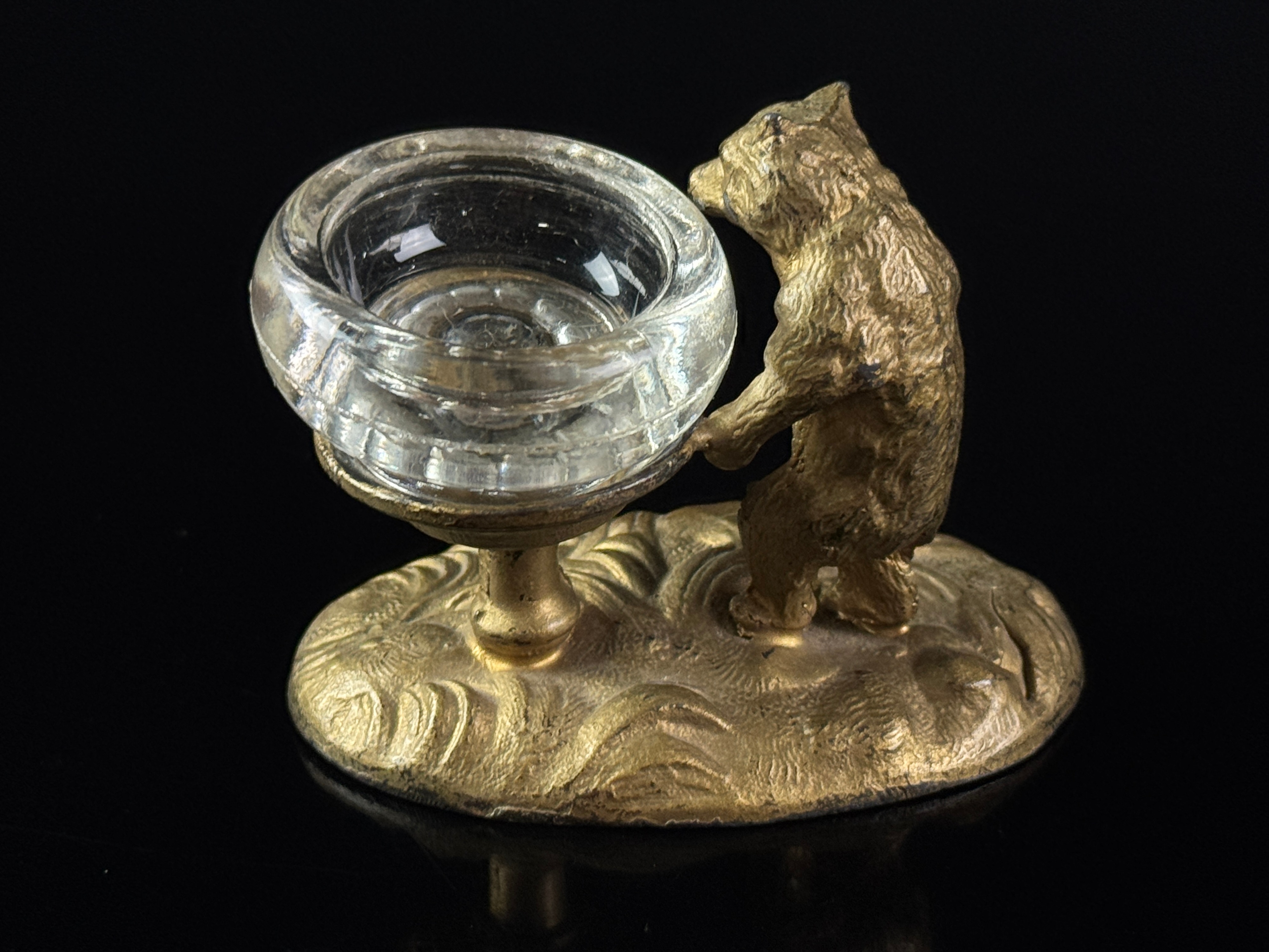 Antique Gilt Spelter Figural Bear Master Salt with Glass Liner