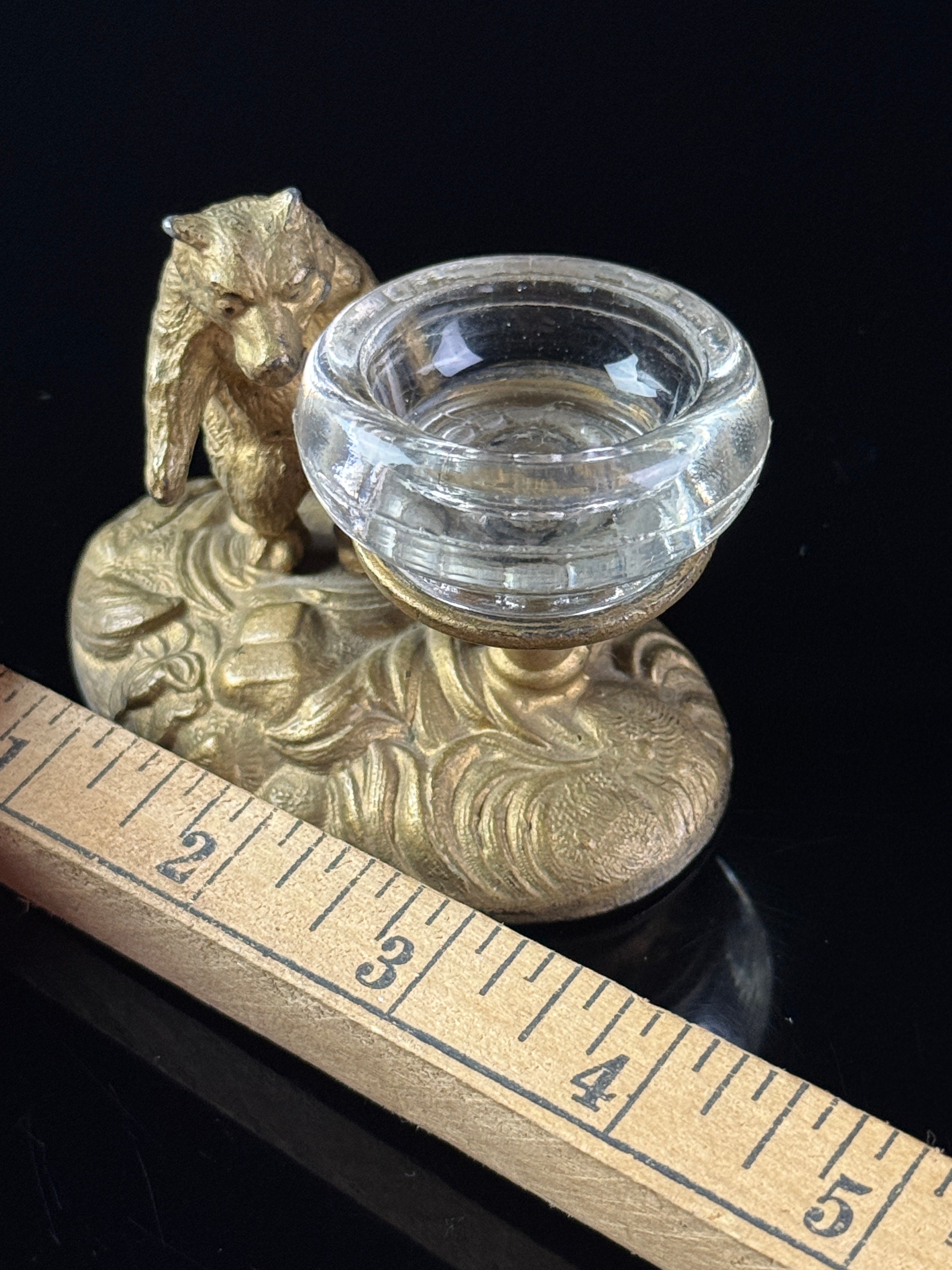Antique Gilt Spelter Figural Bear Master Salt with Glass Liner