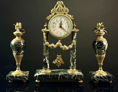 A Three-Piece Louis XVI Revival Marble and Gilt Metal Clock Garniture by J. L. Lot and A. Boys. A 