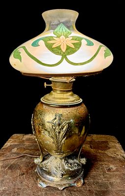 Edward Miller and Company Vestal Art Nouveau Banquet Lamp with Hand Painted Glass Shade. An 