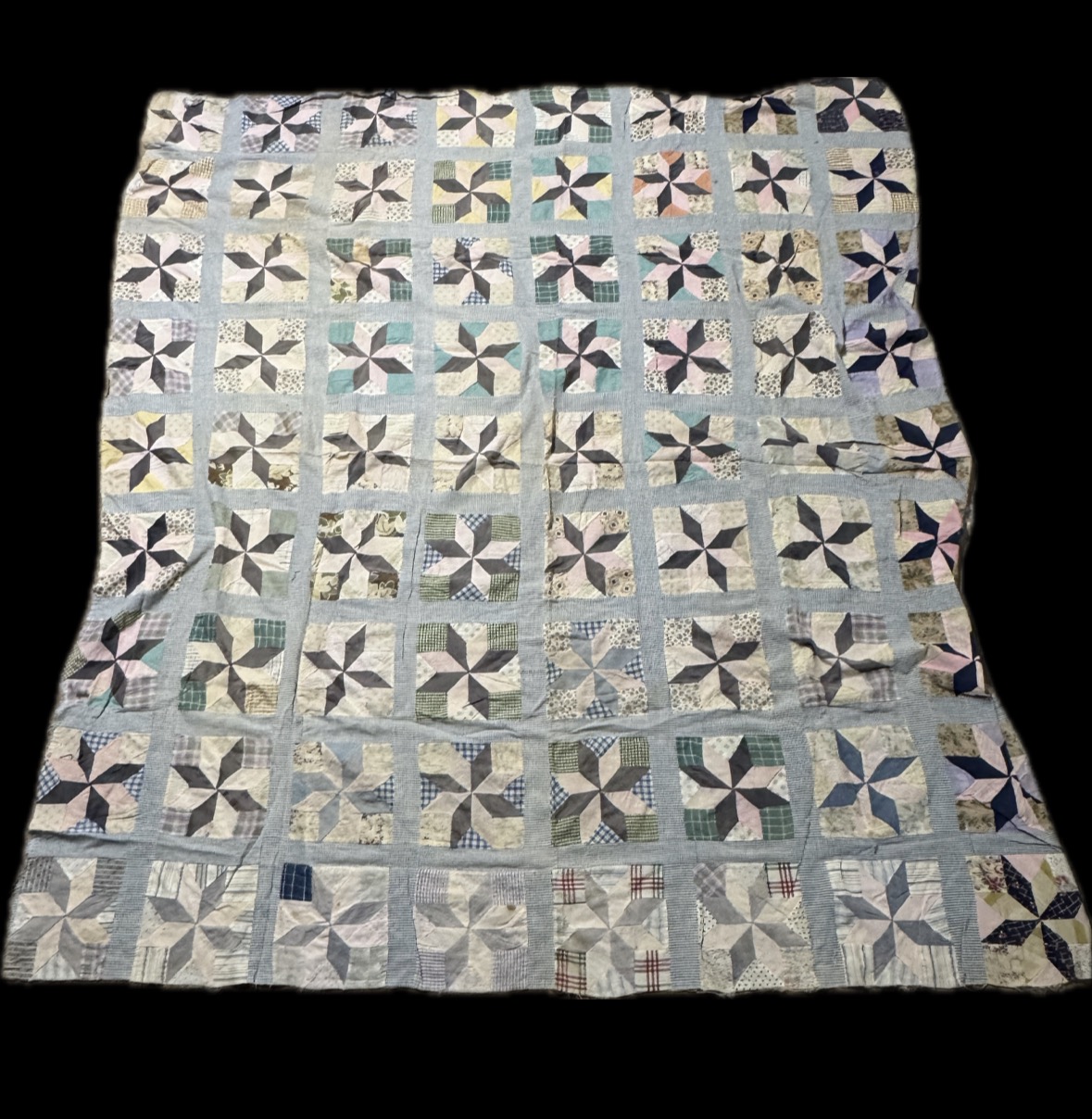 Antique American Hand Pieced Cotton Patchwork Star Quilt Top