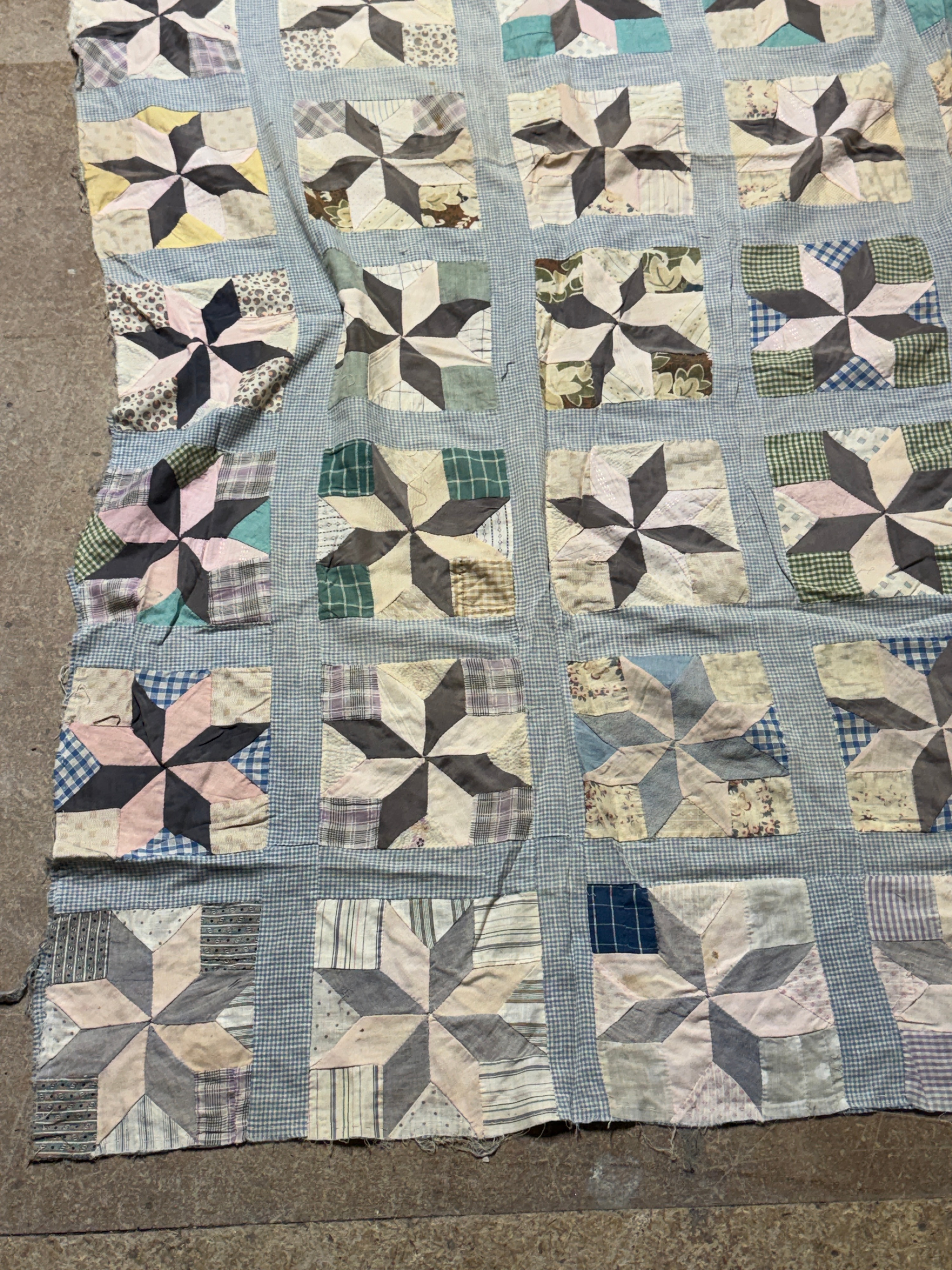 Antique American Hand Pieced Cotton Patchwork Star Quilt Top