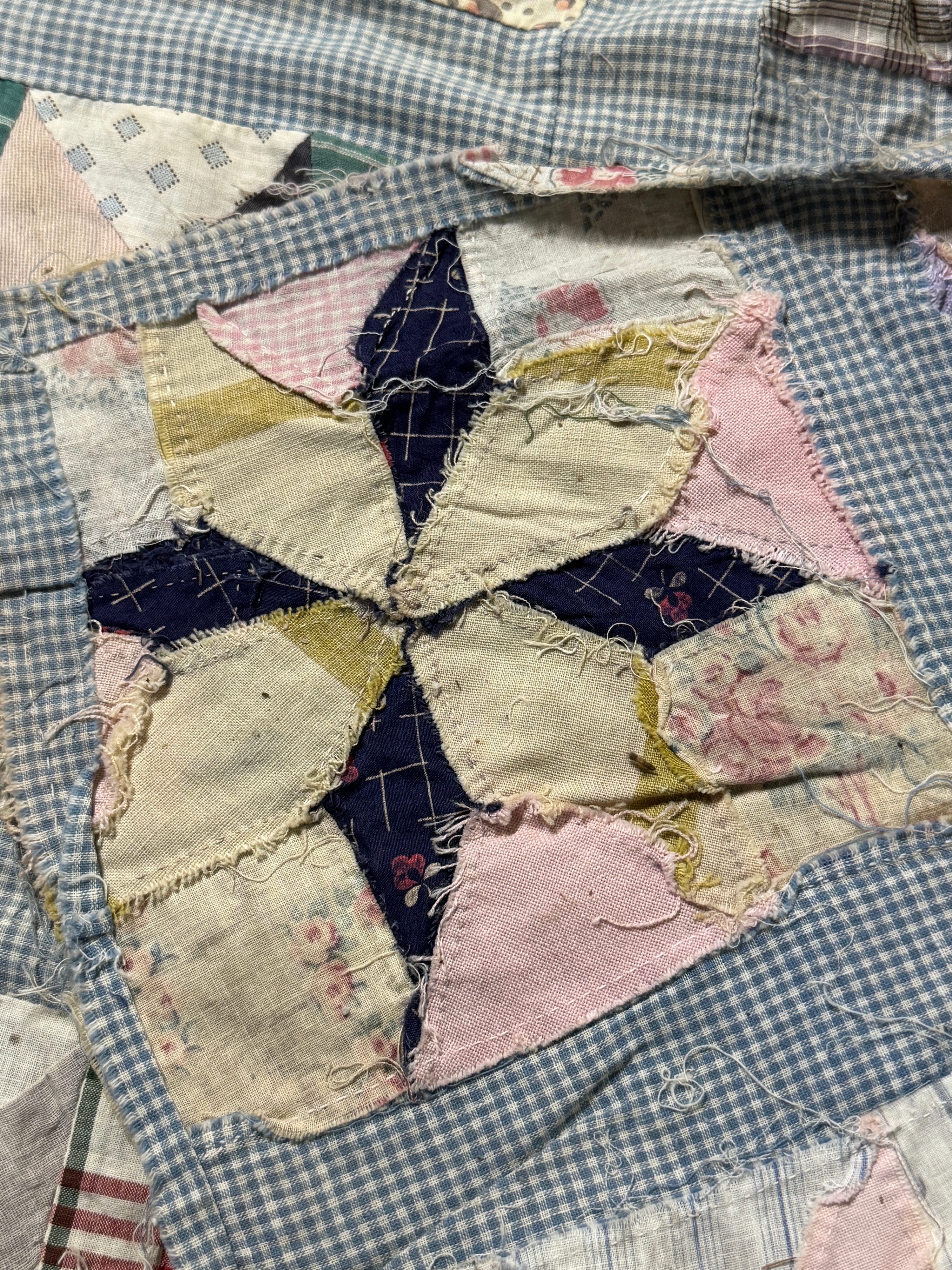 Antique American Hand Pieced Cotton Patchwork Star Quilt Top