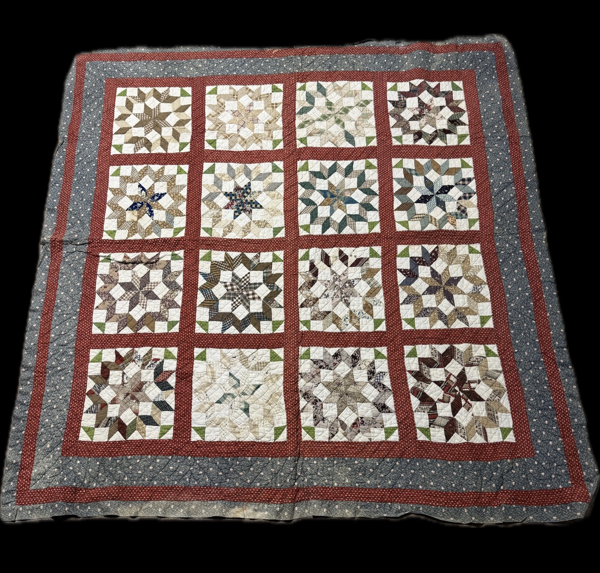 Antique American Hand Pieced and Hand Quilted Cotton Star Pattern Scrap Quilt