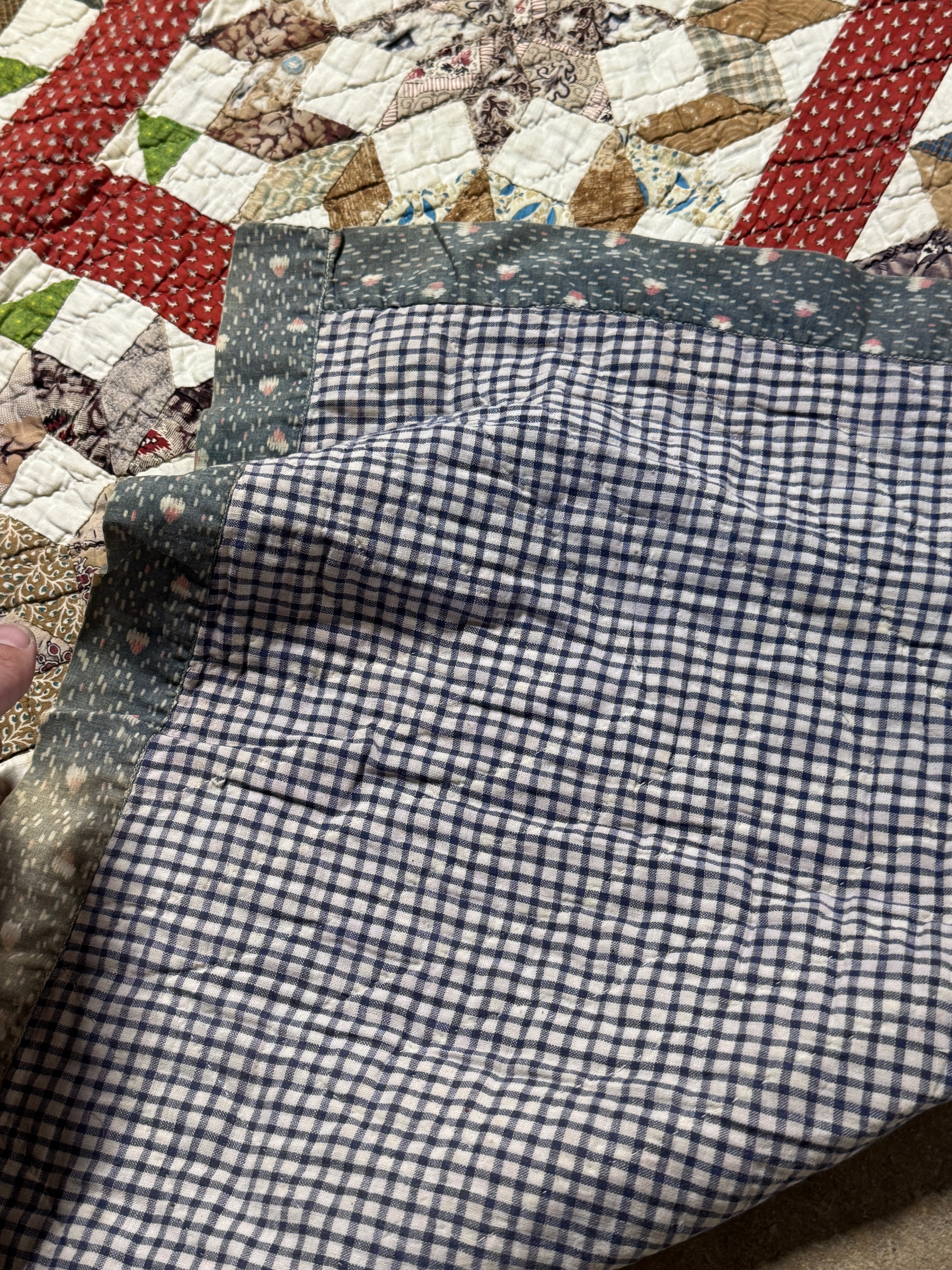 Antique American Hand Pieced and Hand Quilted Cotton Star Pattern Scrap Quilt