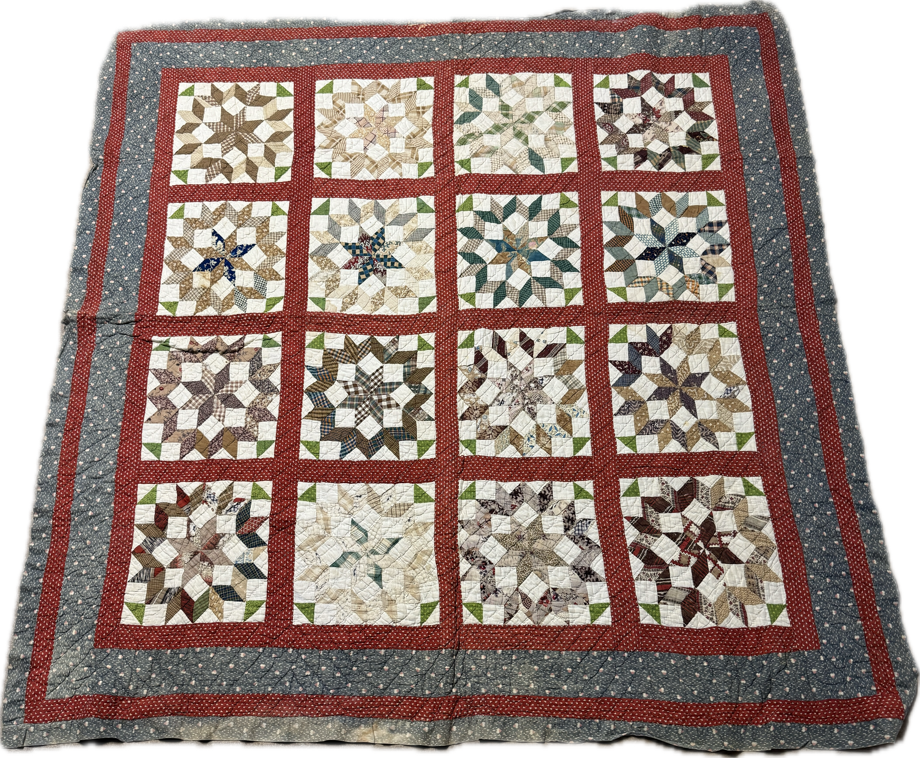 Antique American Hand Pieced and Hand Quilted Cotton Star Pattern Scrap Quilt