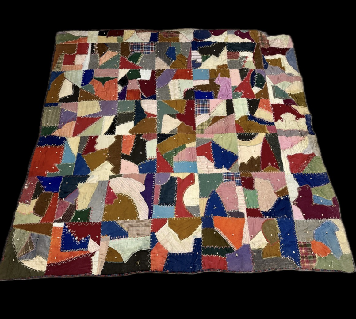 American Victorian Era Hand-Stitched Mixed Fabric Crazy Quilt